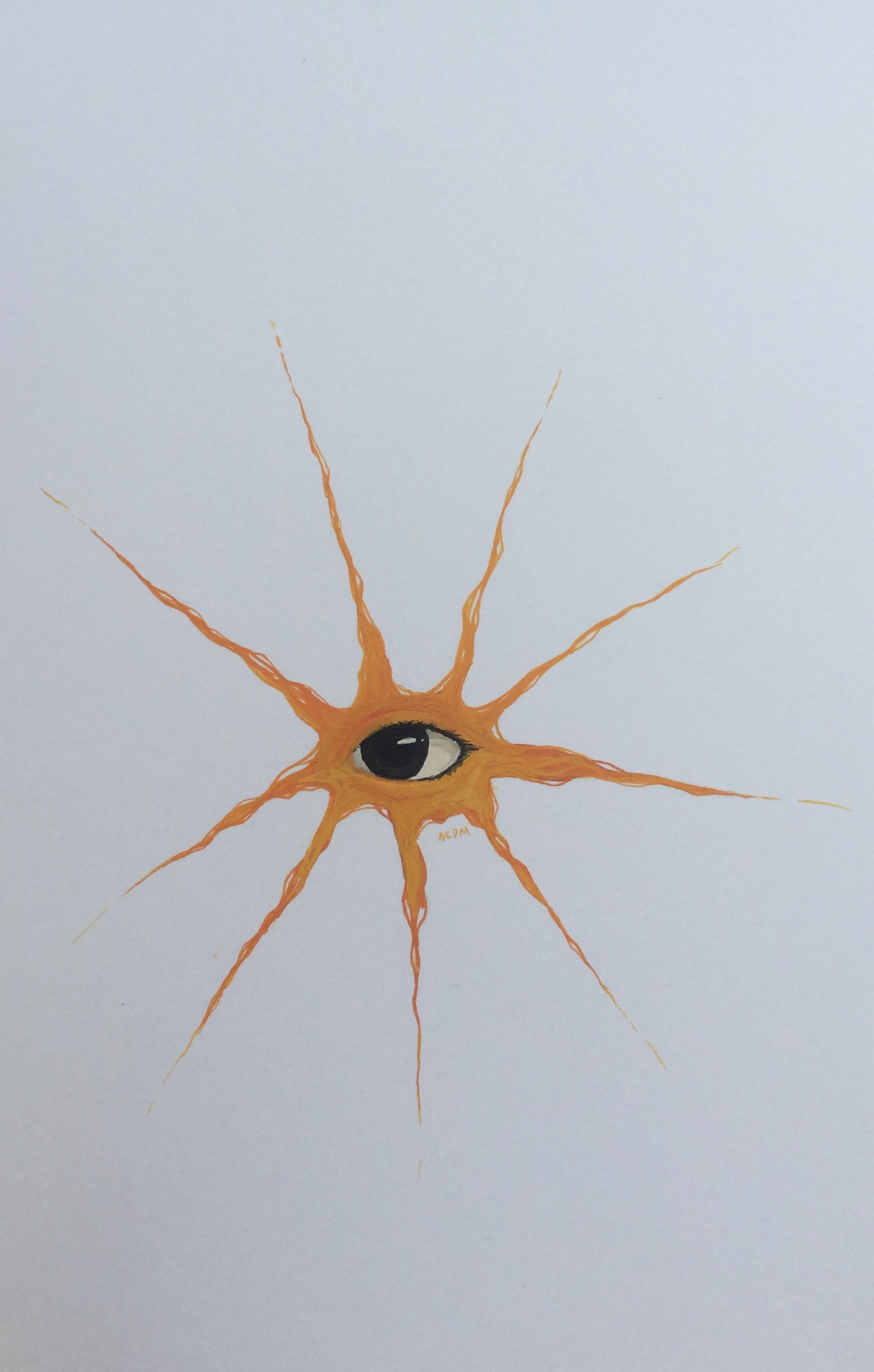 Gouache painting of a brown eye with orange sun rays sprouting from it.