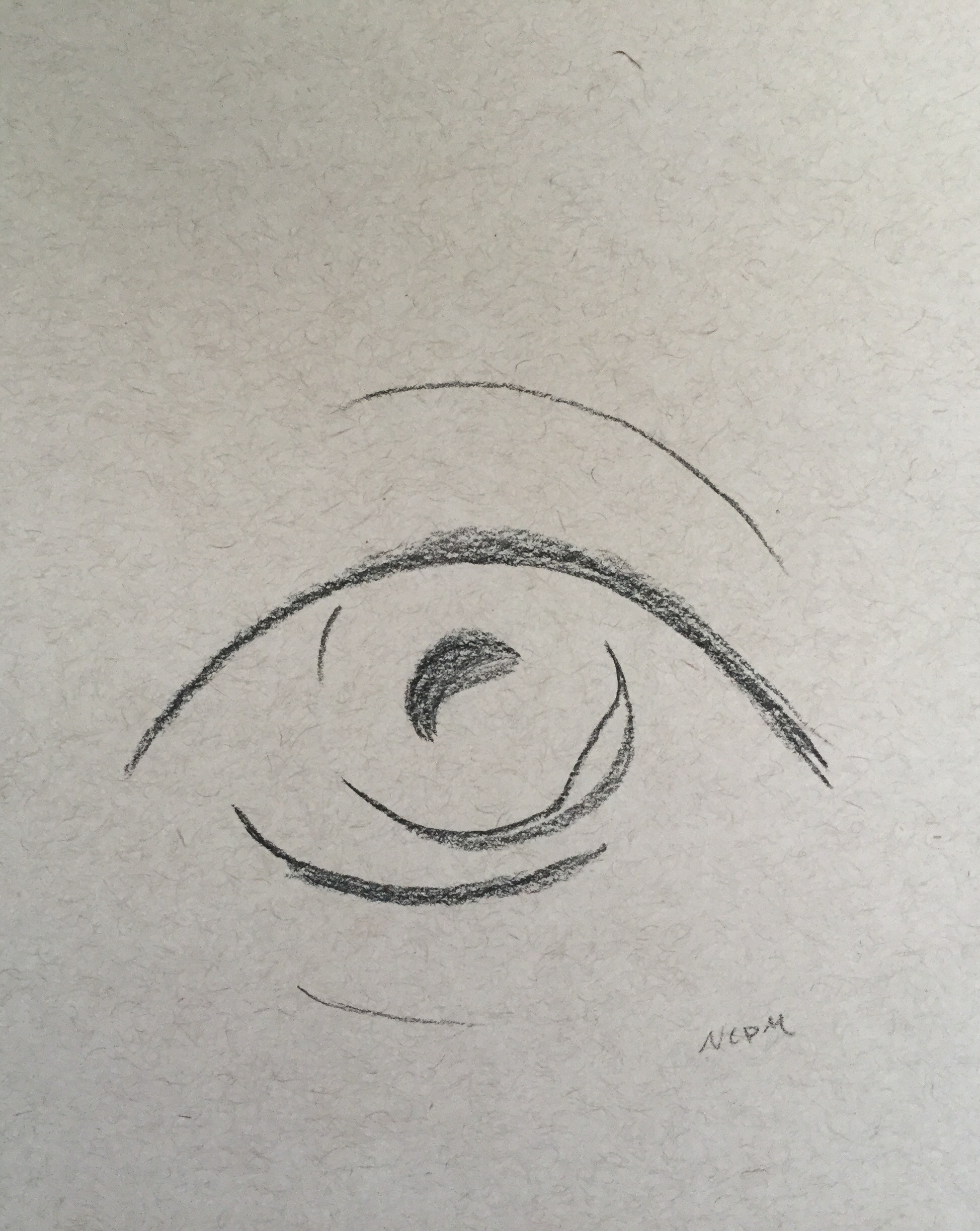 An eye drawn in charcoal with very minimal lines. No more than 7.