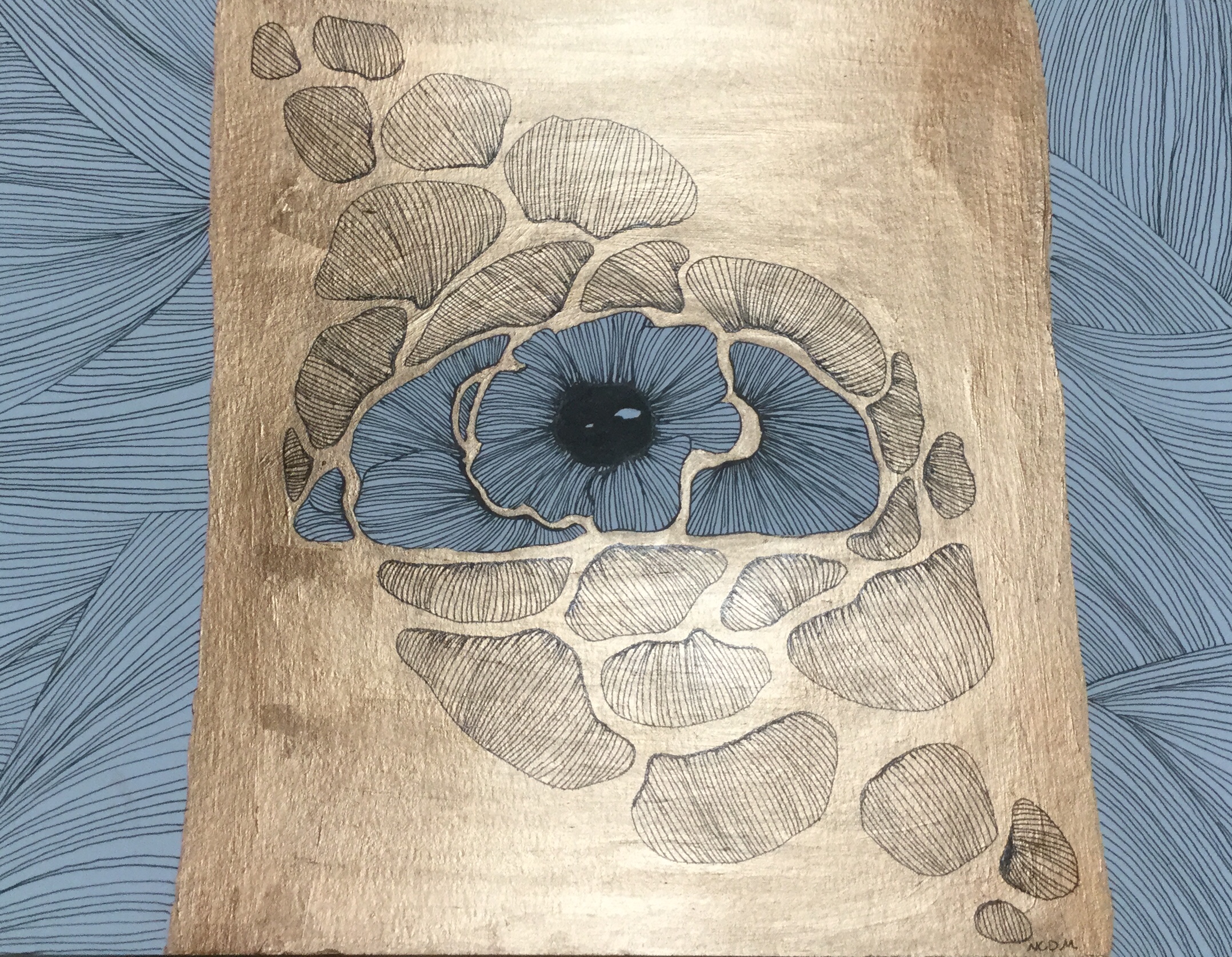 Ink drawing of an eye created by petals drawn with stripy lines onto a column of copper paint with flowing ink lines behind it.