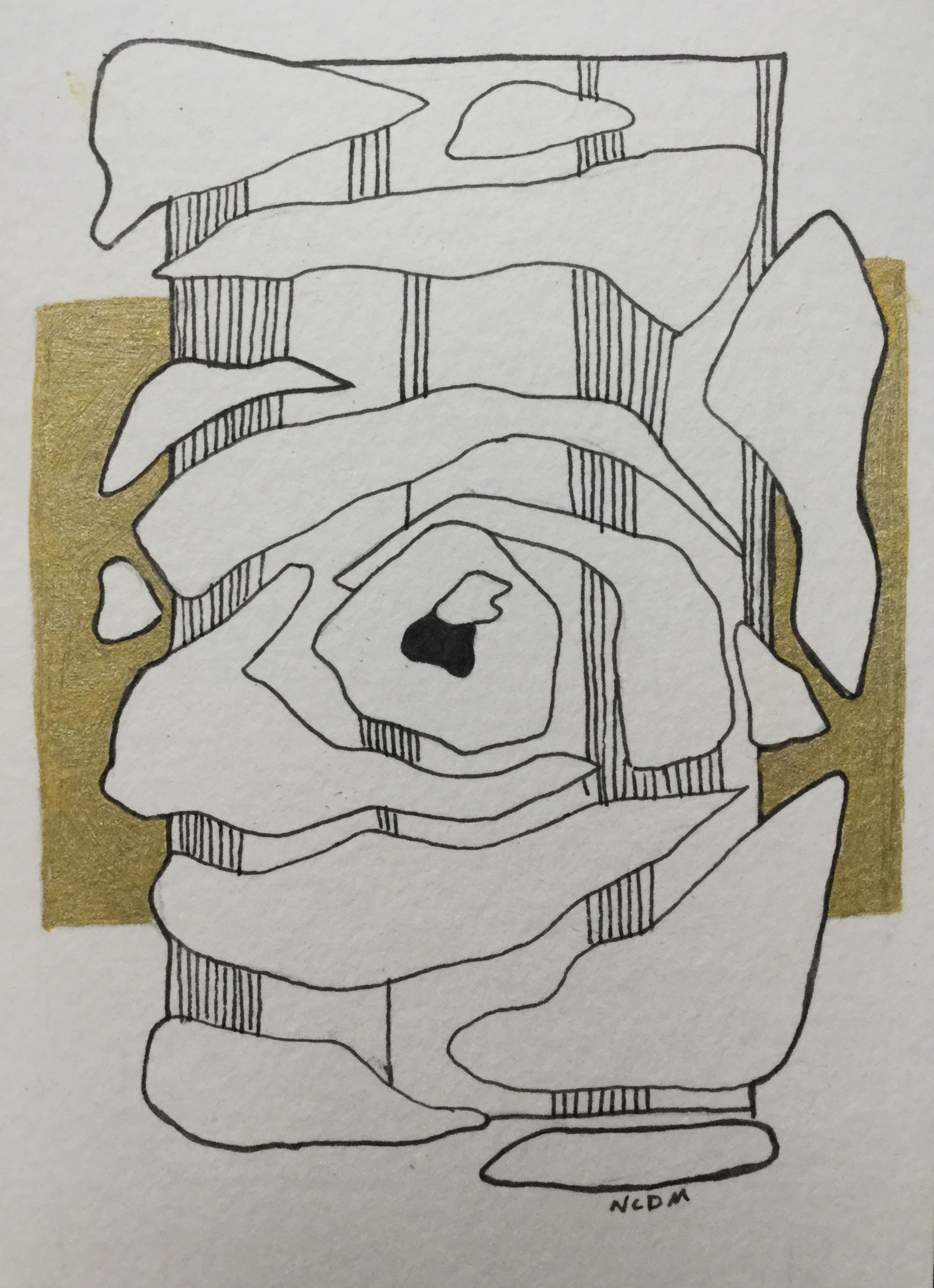 Ink illustration of abstract shapes creating an eye. With lines behind and behind that, a gold square.