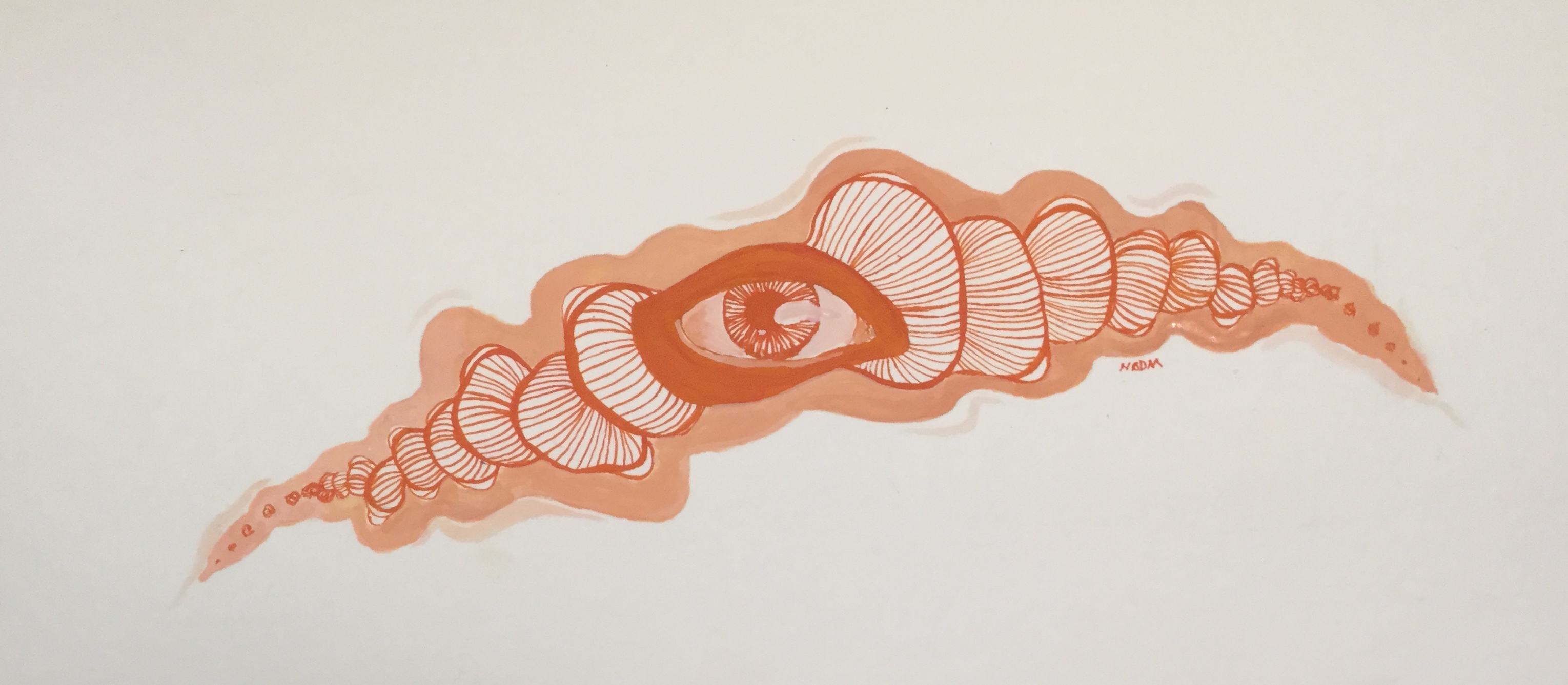 Gouache painting of an eye, all in red and light red. The eye is outlined by dark red with organic lined shapes that look a bit like coral spreading out from either side.
