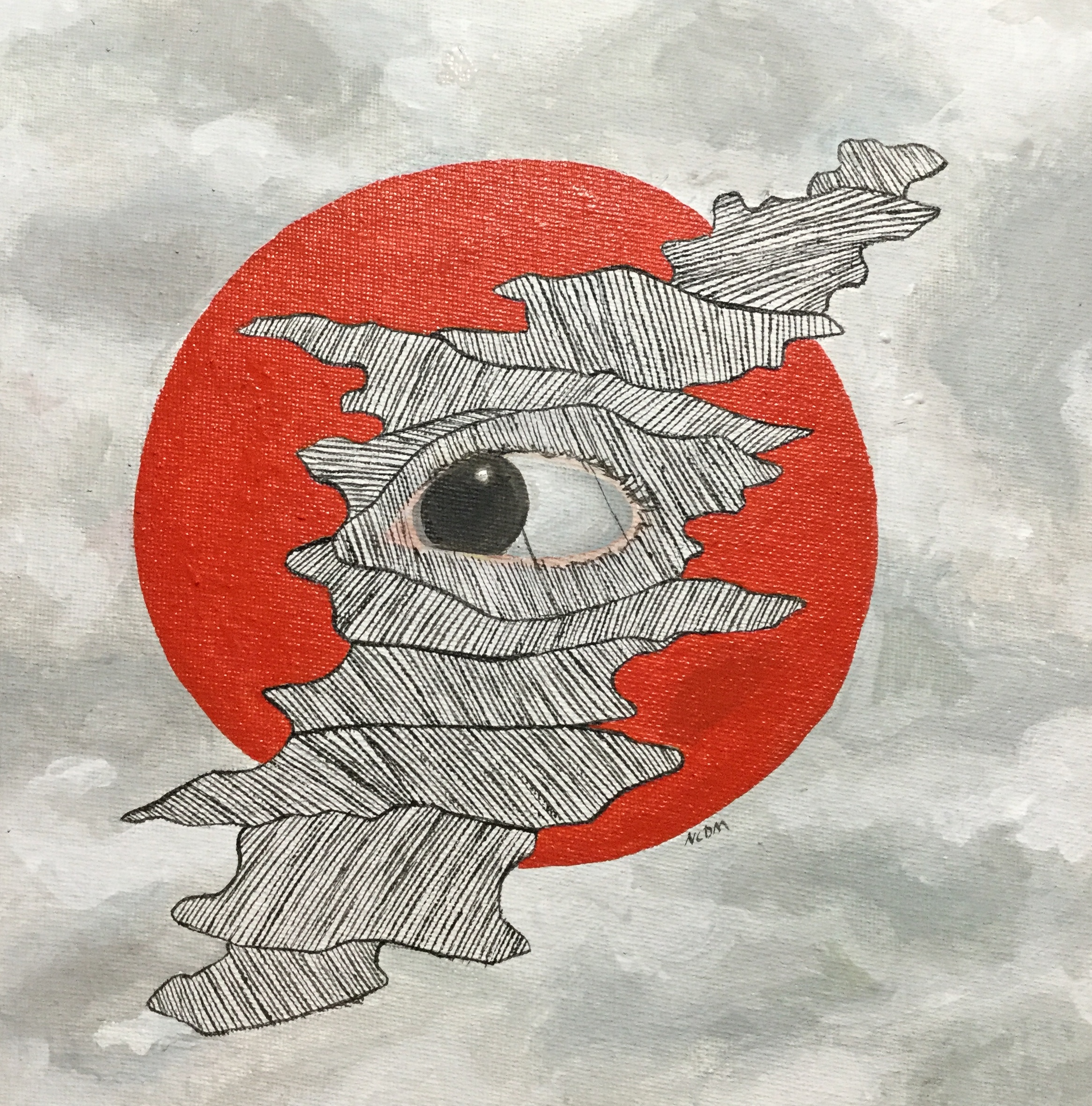 Acrylic painting of an eye looking to the left with abstract shapes surrounding it filled with straight lines. Behind is a red circle, the background looks like clouds.