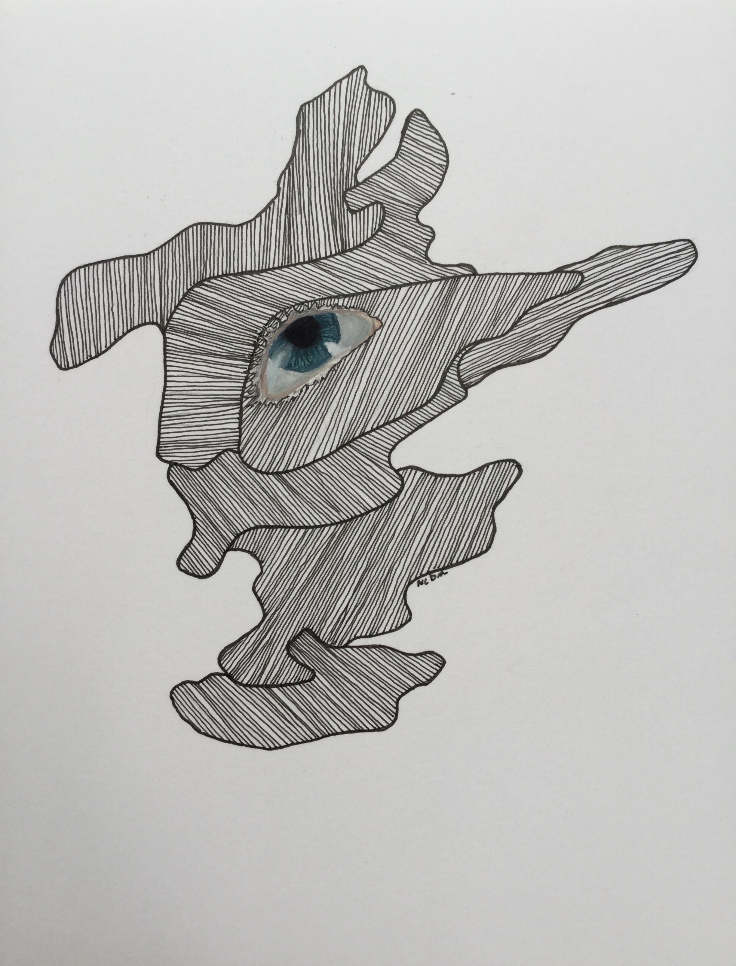 A gouache painting of an eye surrounded by abstract shapes filled with straight lines.