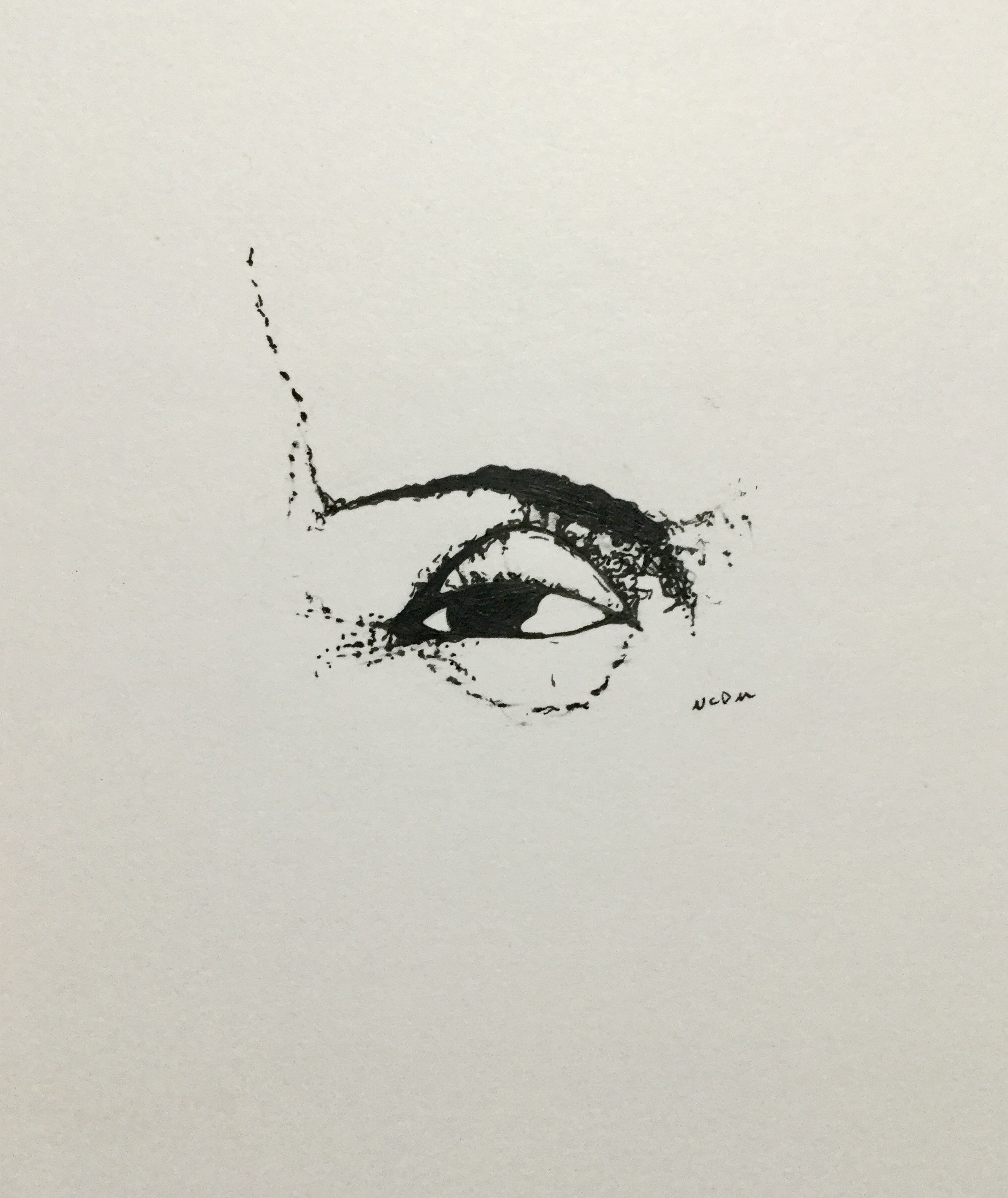 Ink illustration of an eye with shadows drawn in pointillism.