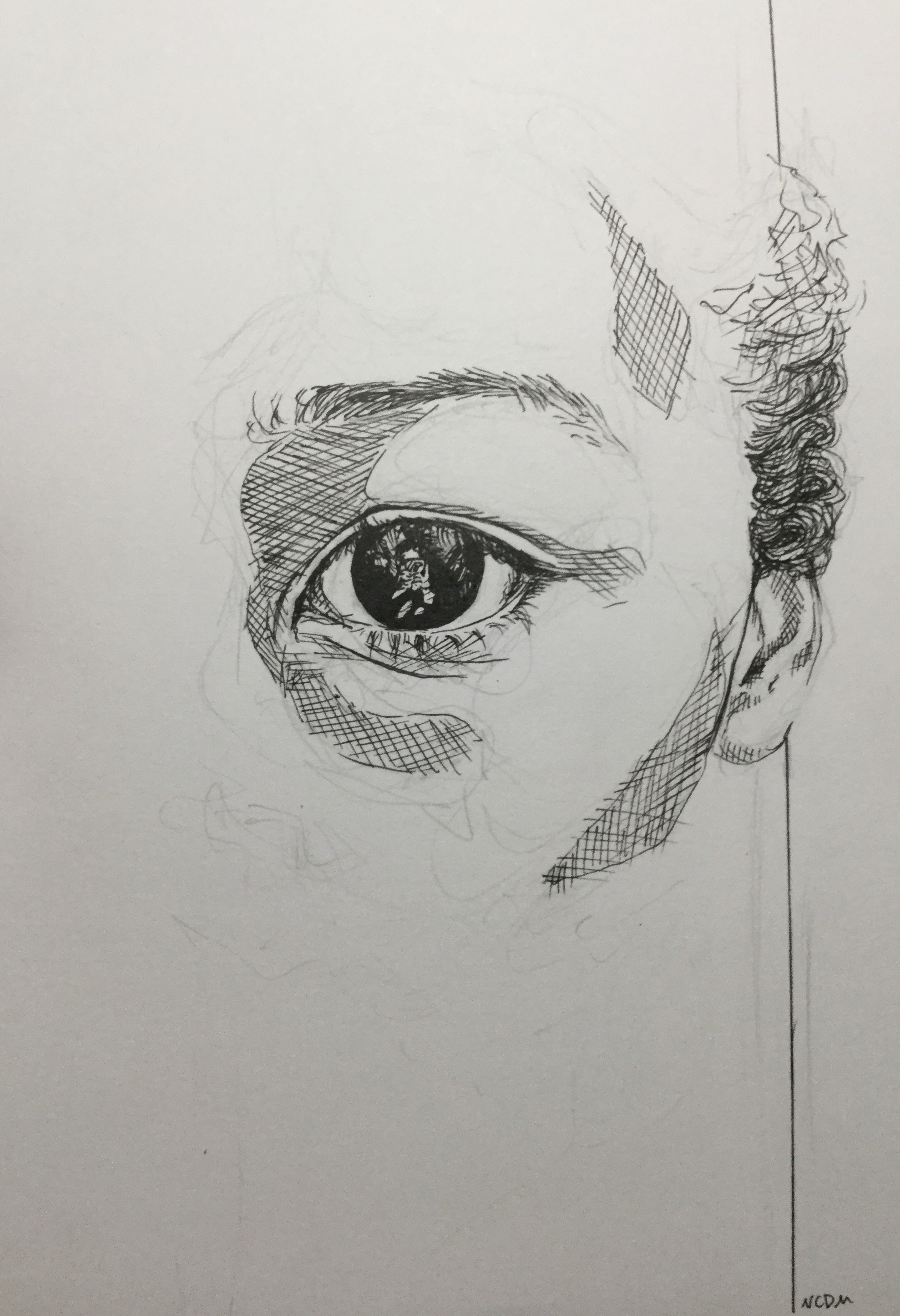 Ink illustration of a child's eye, in the light reflection of the eye is the photographer.