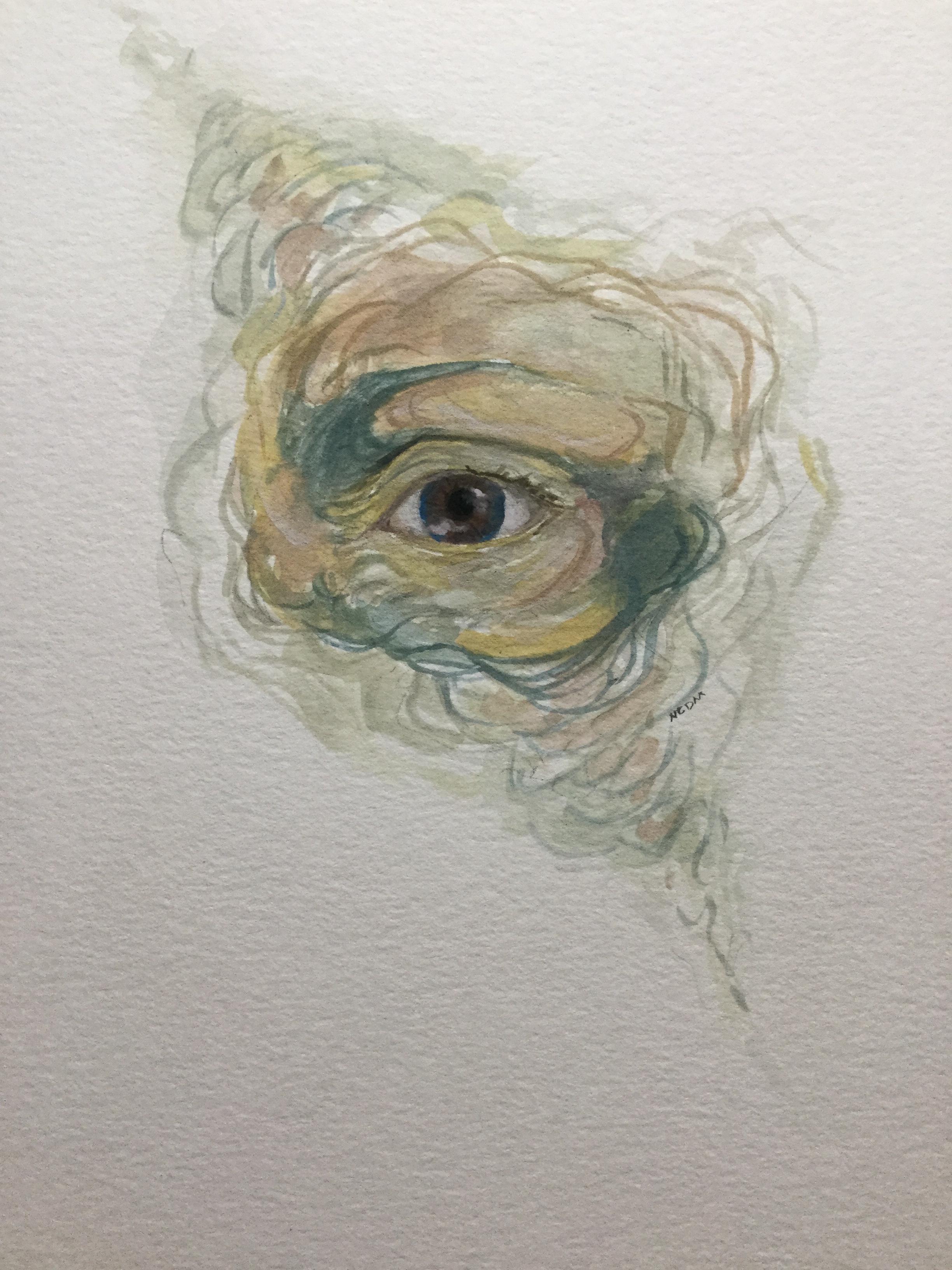 Gouache painting of an eye with lines similar to wrinkling skin spreading out from it in flesh tones and green.