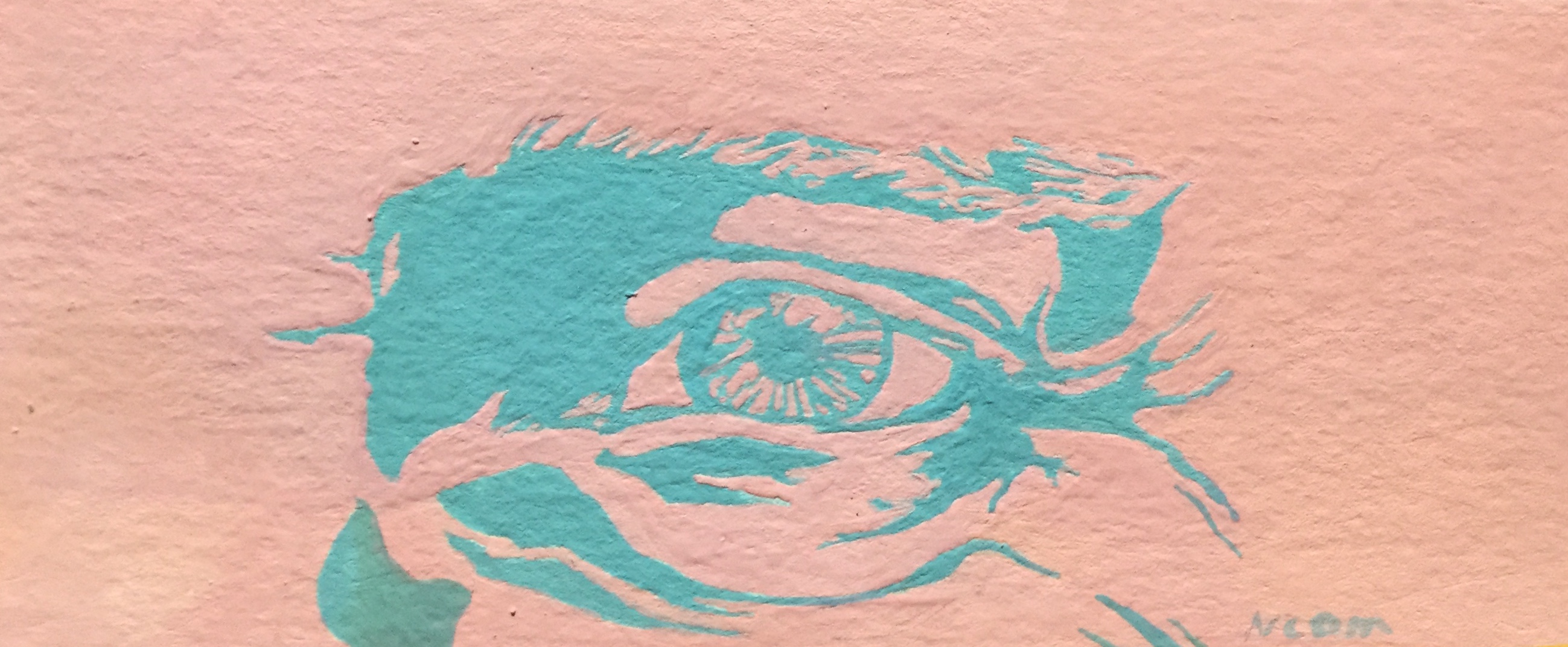 Gouache painting of an eye with a pink background and all the lines painted in light blue.