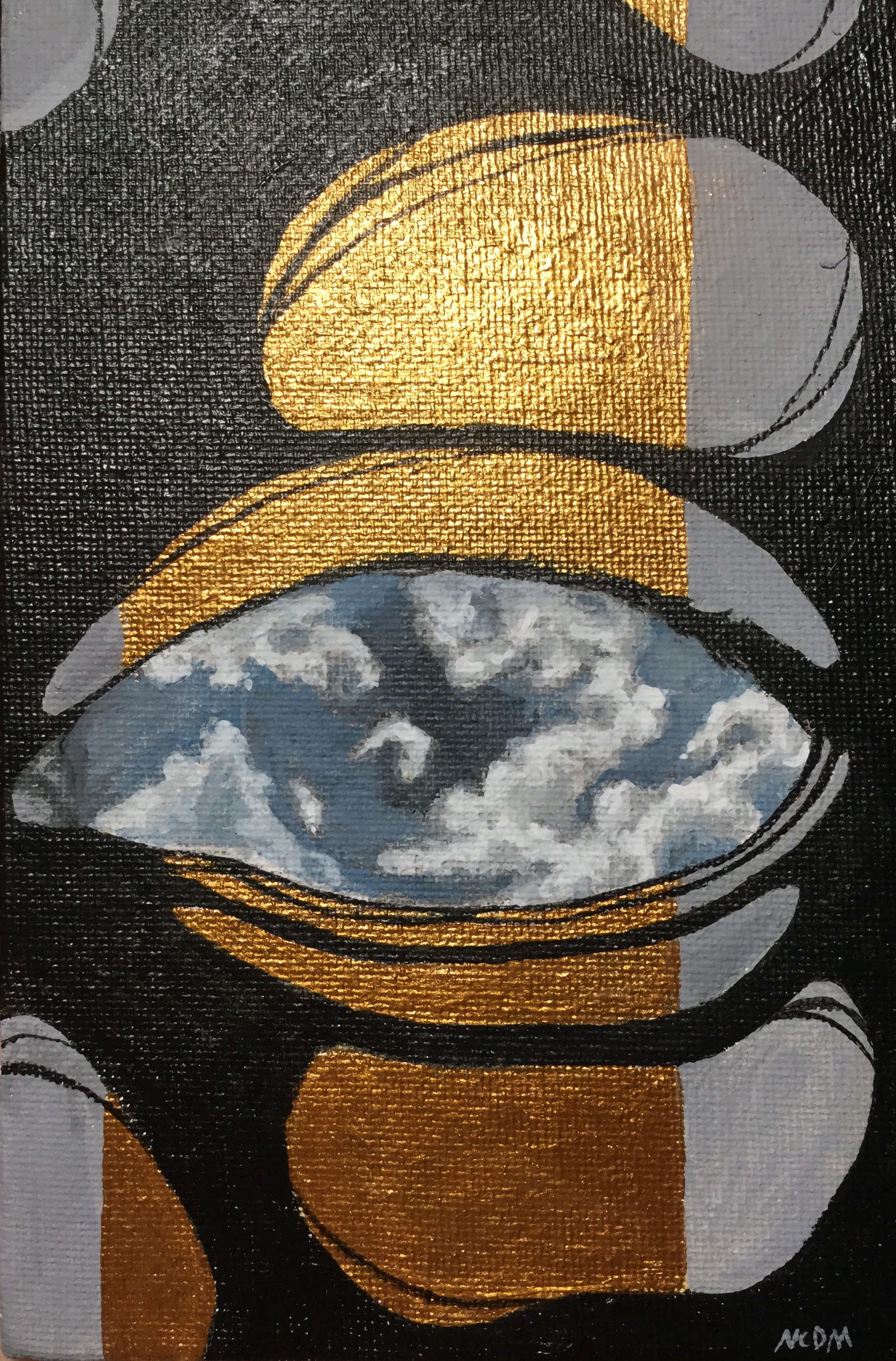 Acrylic painting of an eye, with black, gold, and grey paint crating what looks like eyelids and the planes of a face and a cloudy sky filling the eye to look like a pupil and iris.