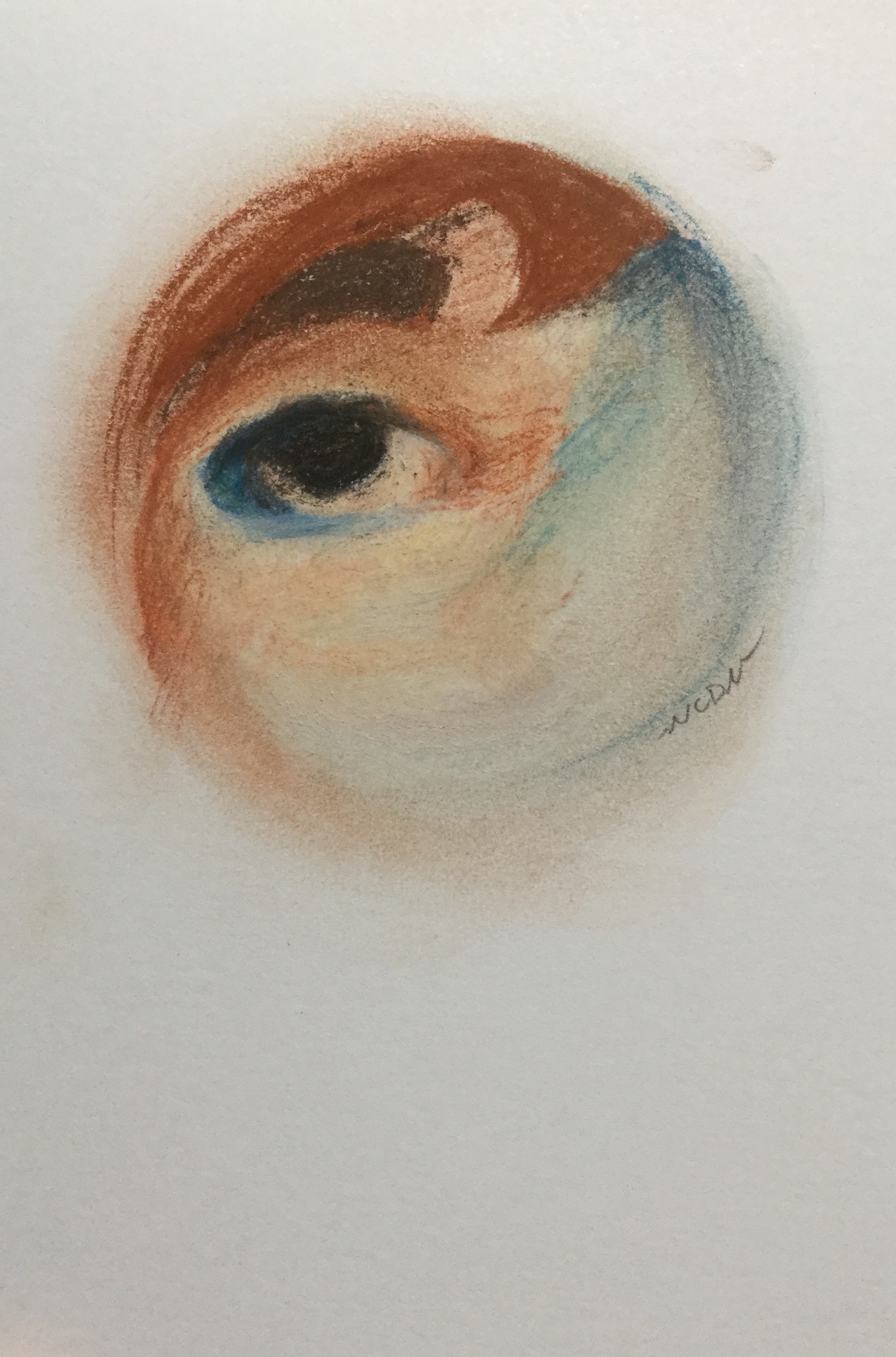 Conte crayon drawing of an eye with fuzzy, blending lines, all within a circle