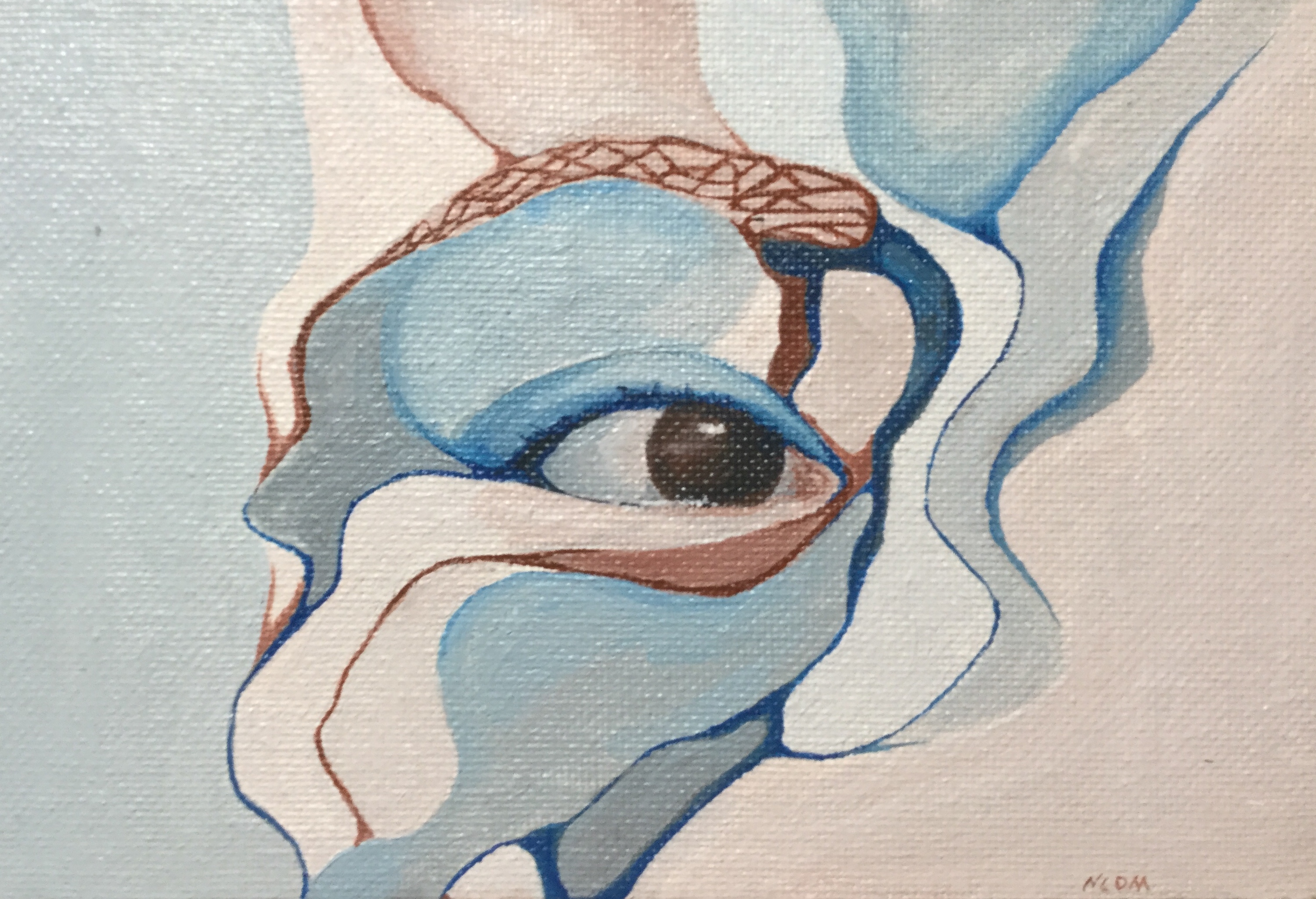 Acrylic painting of an eye created by blue and light umber shapes.
