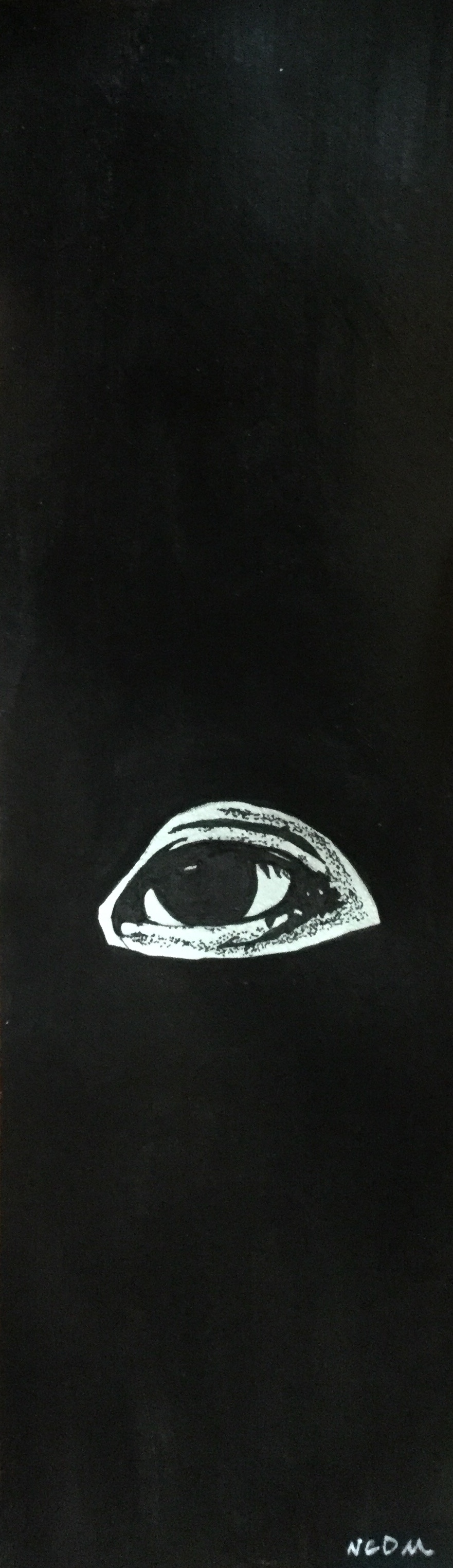An inky eye drawn in Sonia Kolner's style with a black background so the eye seems to be peeking through the darkness.