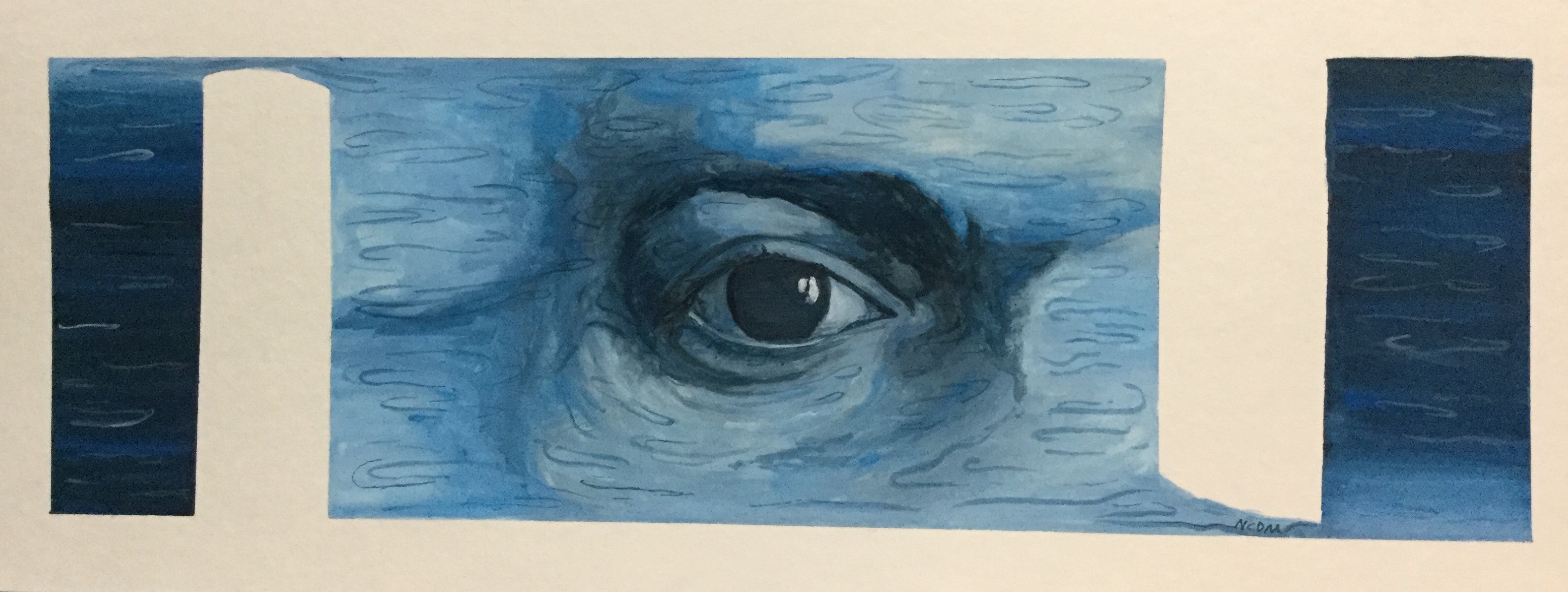Gouache painting of an eye looking out through water
