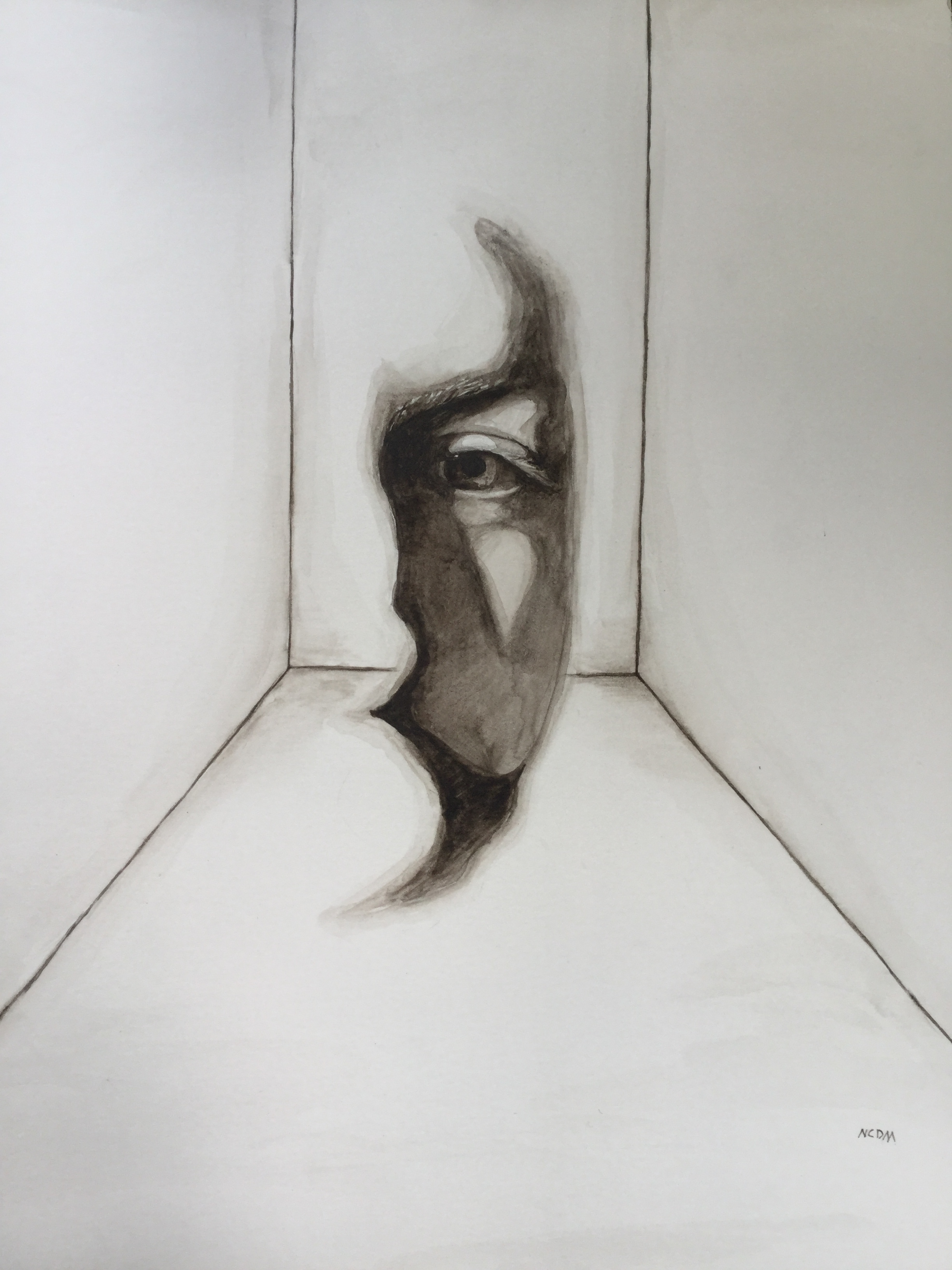 Watercolor painting in brown, with half a face painted, hovering in what looks like a small room.