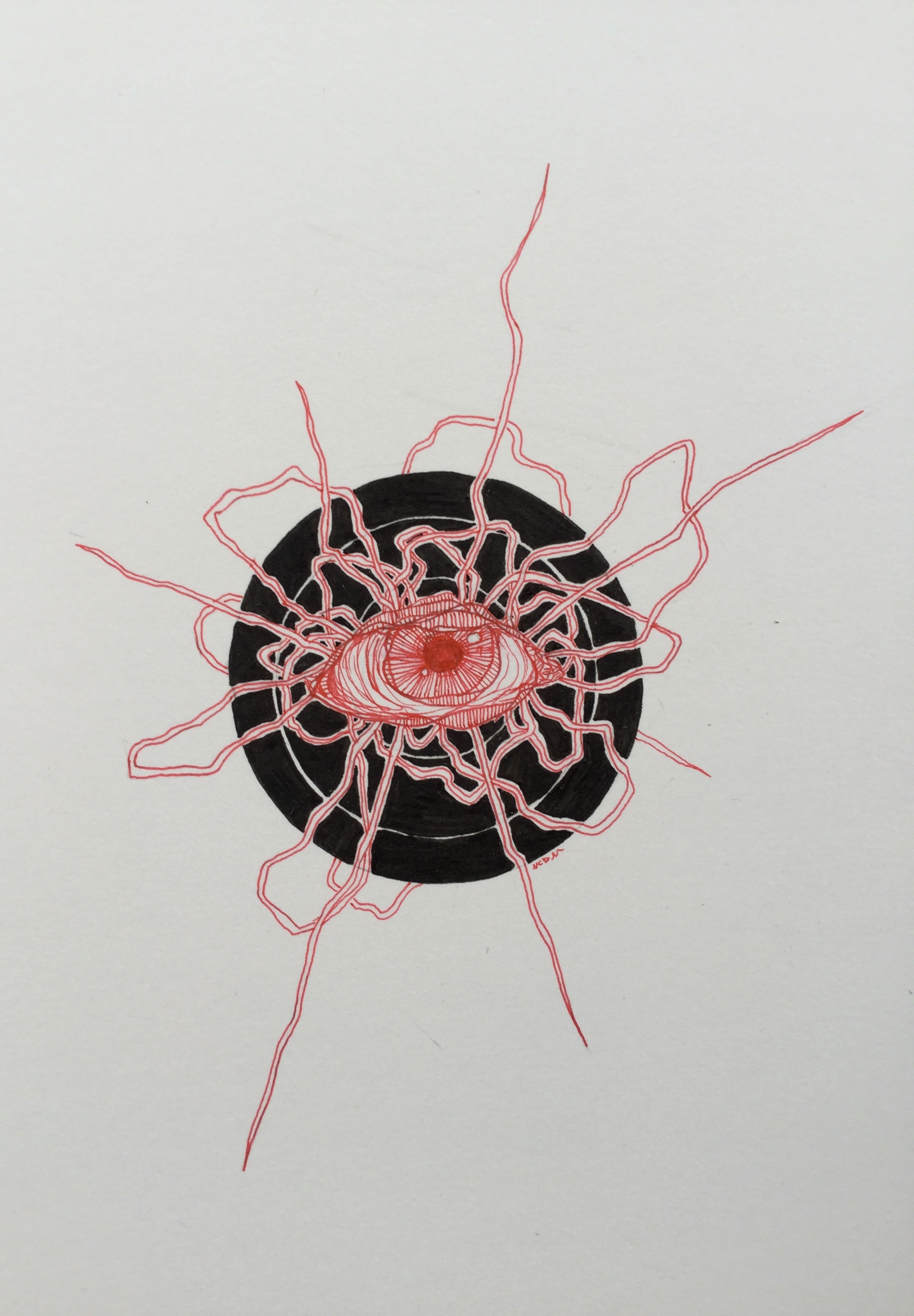An ink illustration of an eye in red with lines coming out from it, tangled. With a black circle behind it.