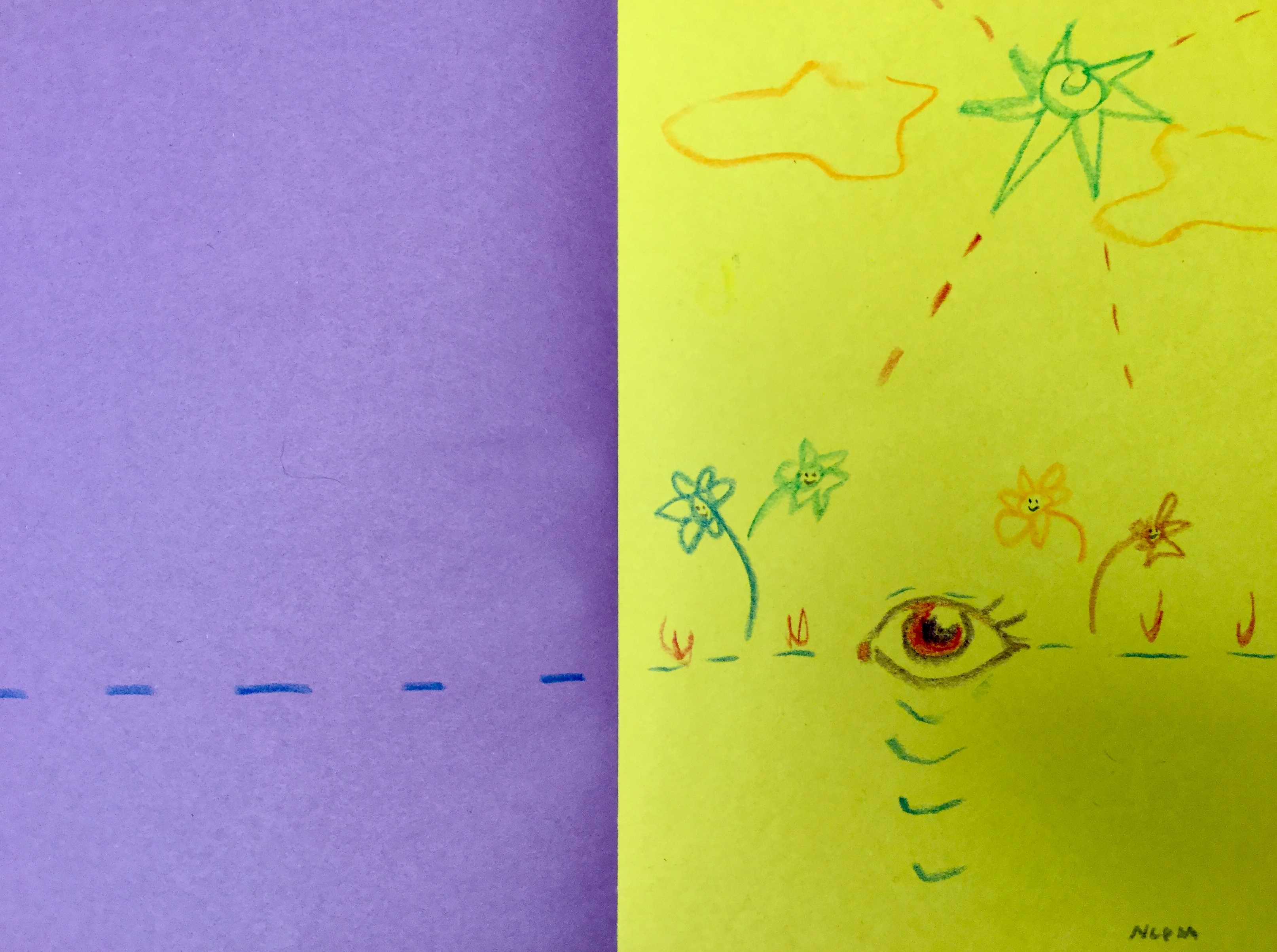 Crayon drawing of an eye in a childlike style on yellow and purple construction paper
