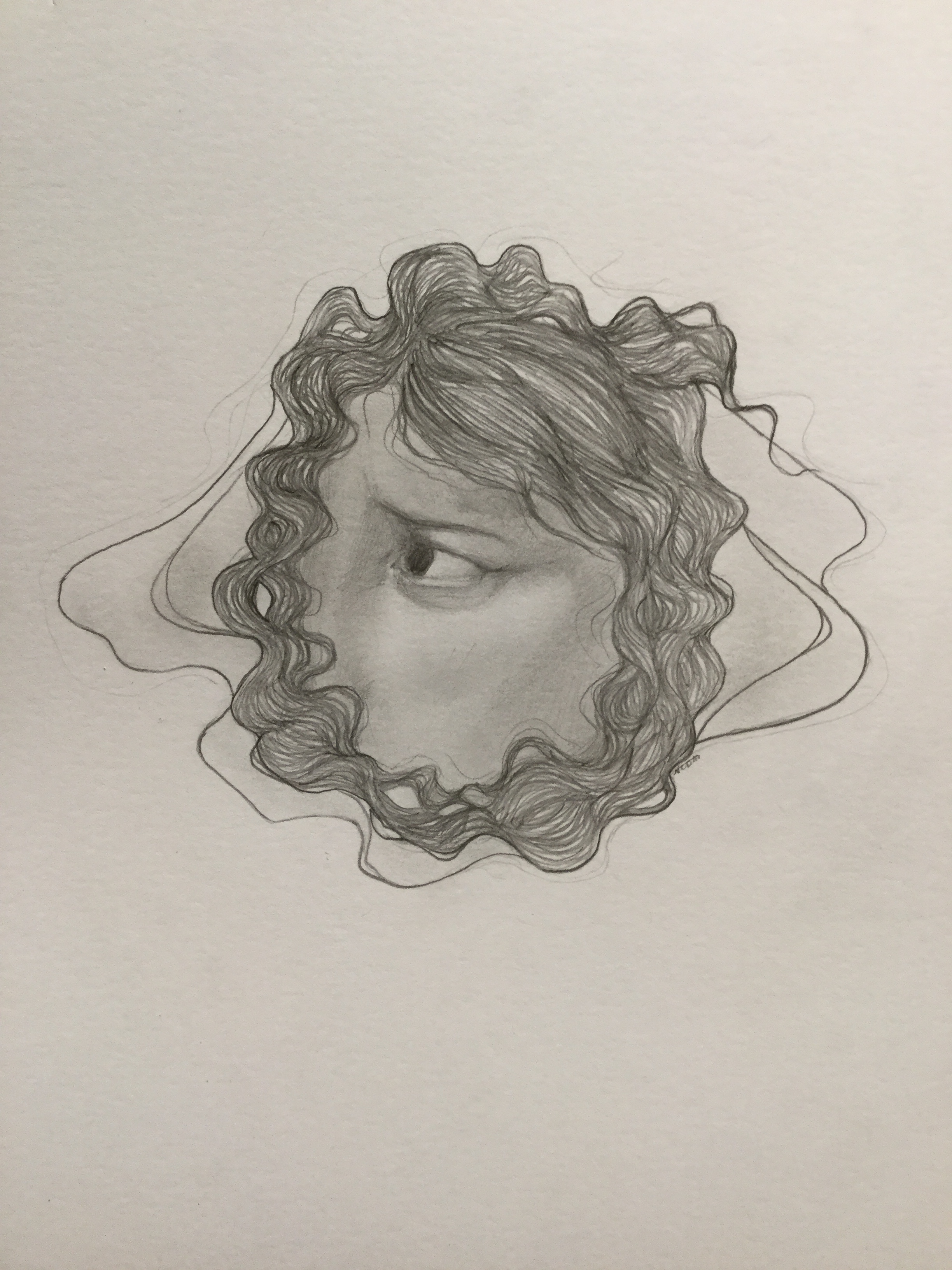 Graphite drawing of a woman's eye looking to the left with hair surrounding it.