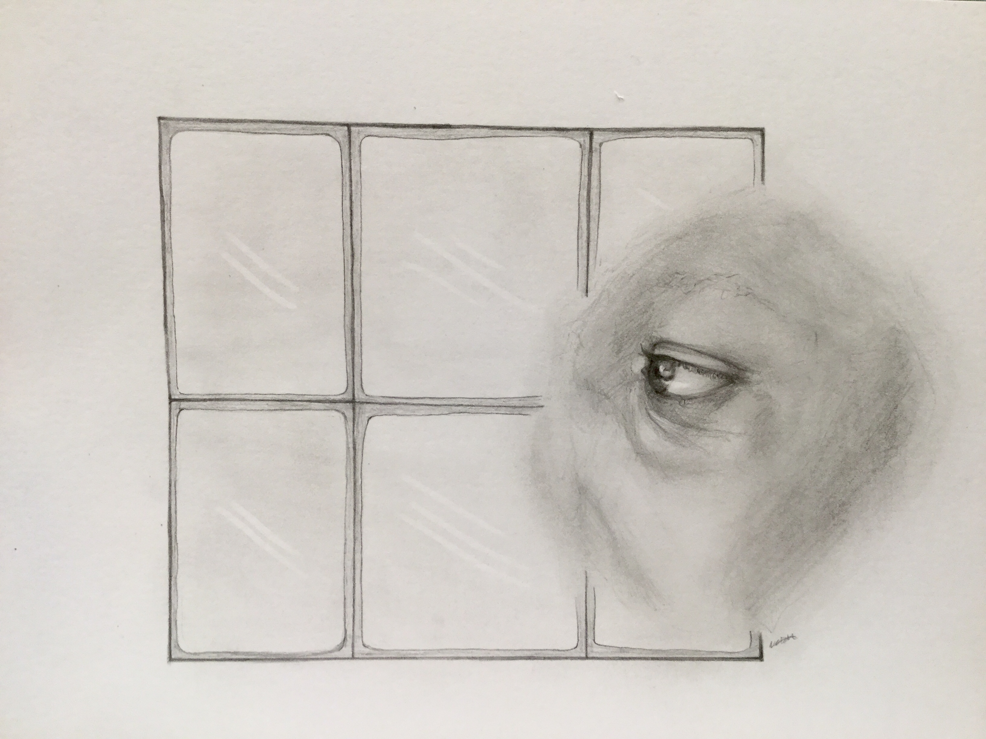 Graphite drawing of an eye in profile looking to the left with a window behind it