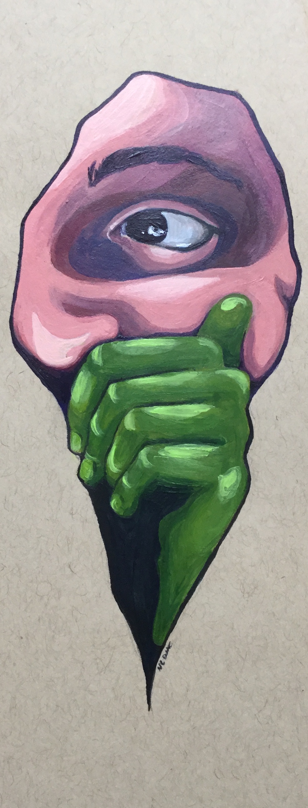 Painting of an eye looking to the left whose attached face is resting on a hand. The face is purples and pinks, the hand is green.