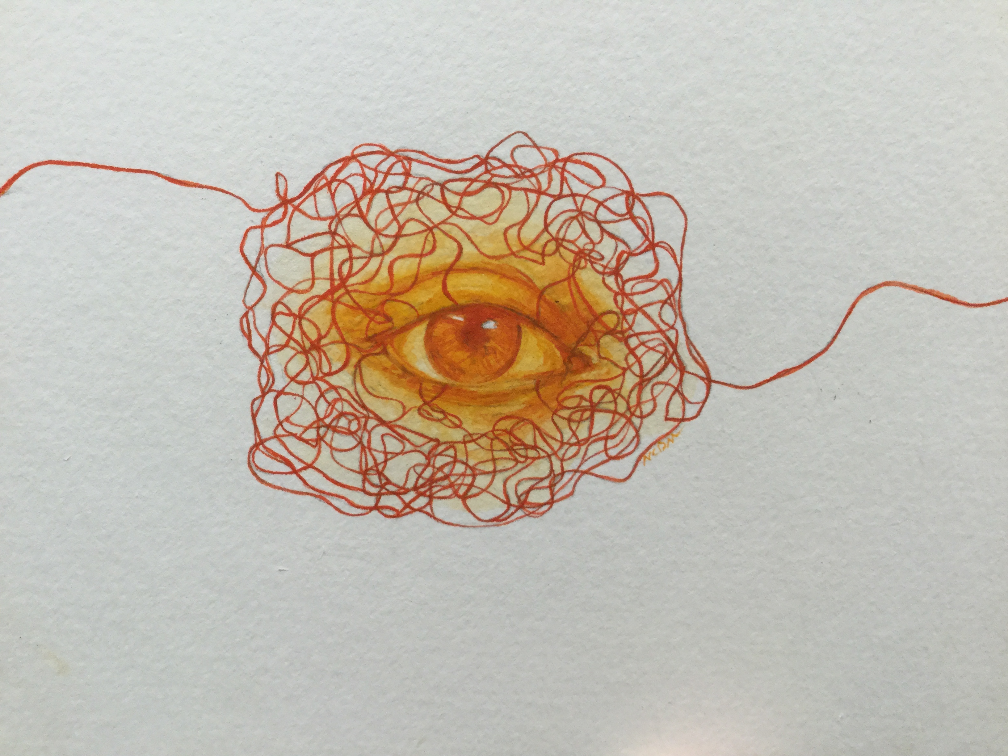 Orange realistic watercolor painting of an eye with tangled red thread around it.