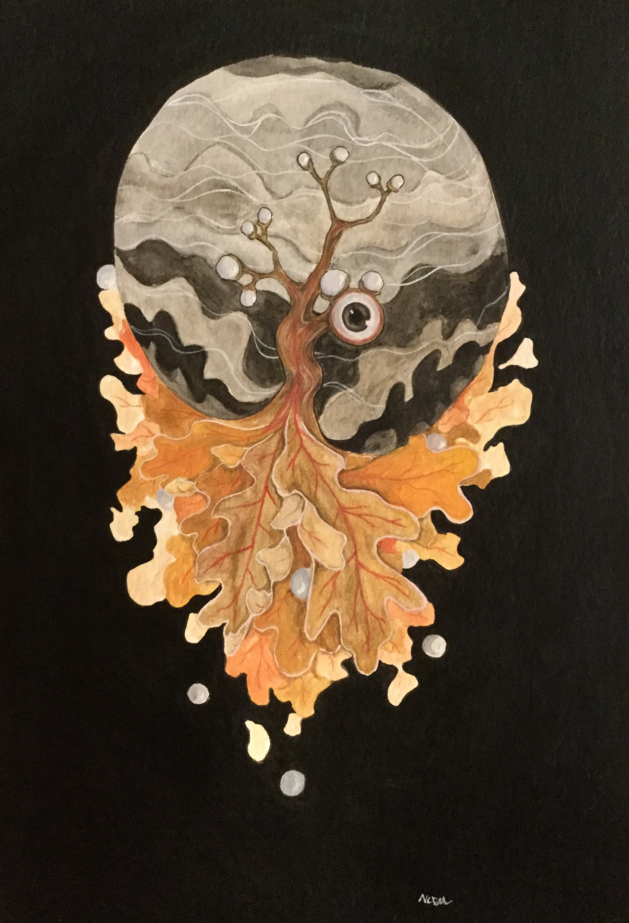 Illustration o f a surrealist collection of brown oak leaves, a tree, and eye-acorn with grey swirling background surrounded by black.