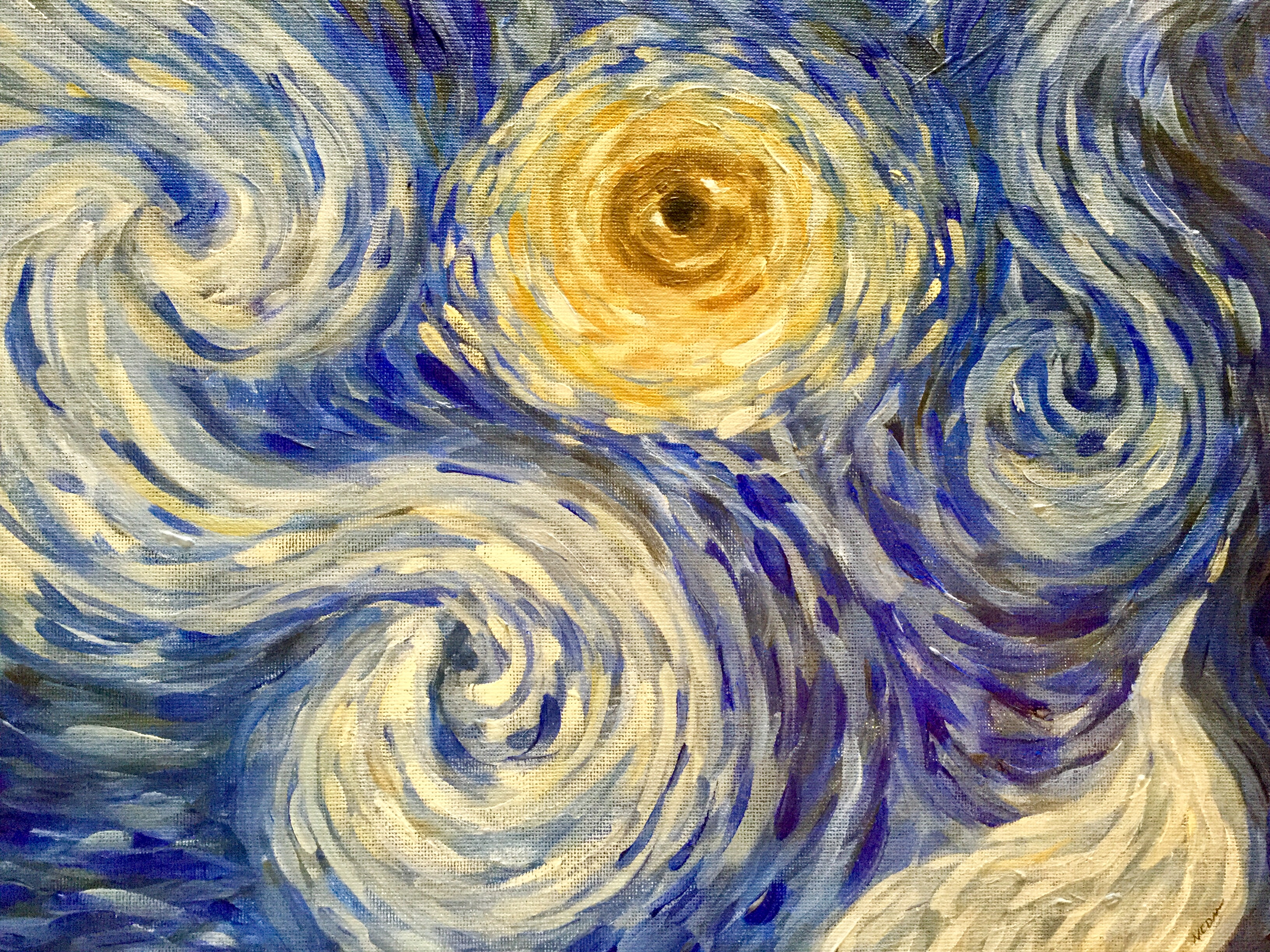 Acrylic painting of the sky in starry night, brush strokes swirling together the moon has an iris and pupil.
