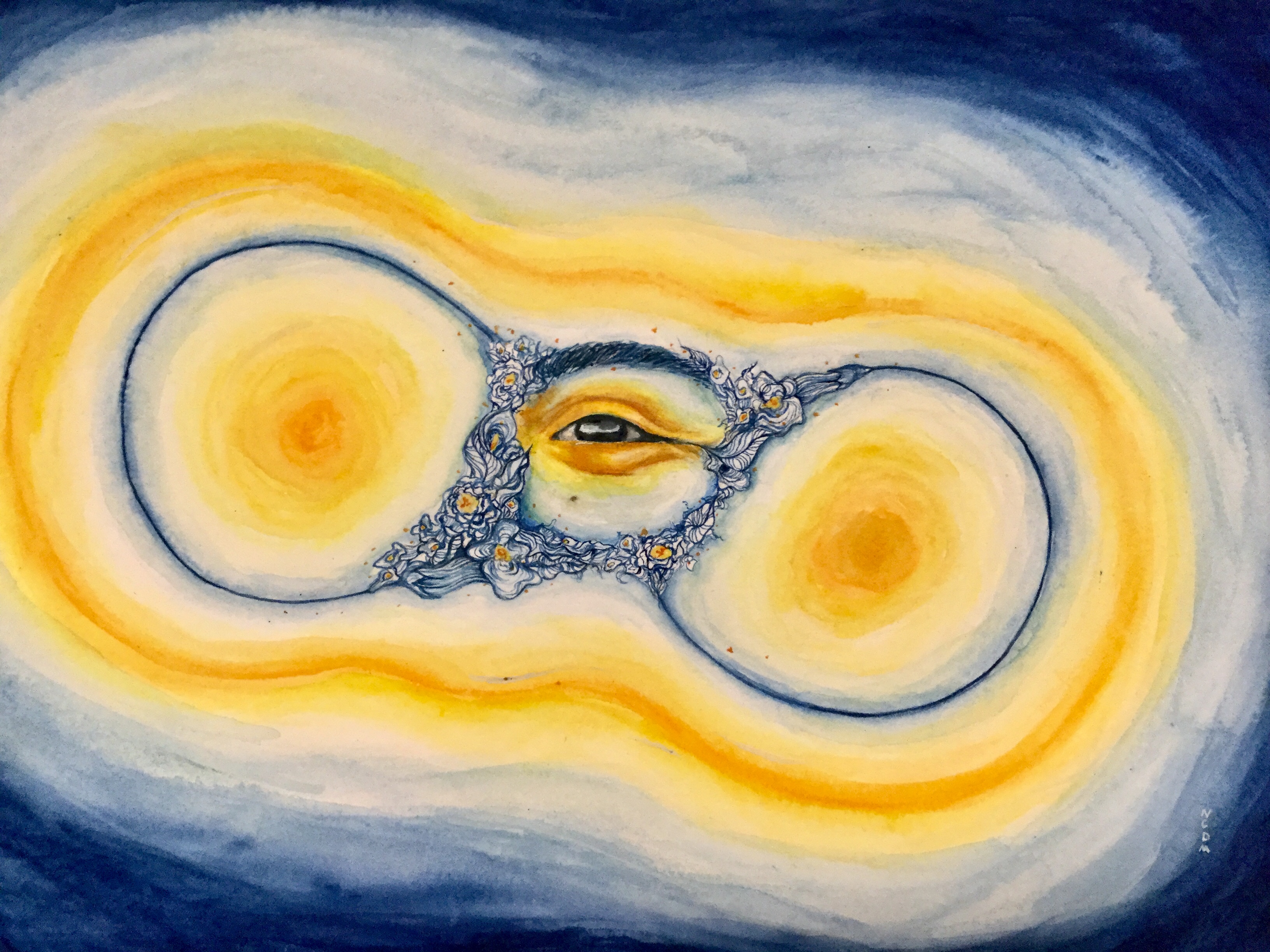 Realistic watercolor painting of a smiling eye painted in yellow and orange with blue flowers surning into an infinity symbol surrounding it, the yellow background turns to deep blue.