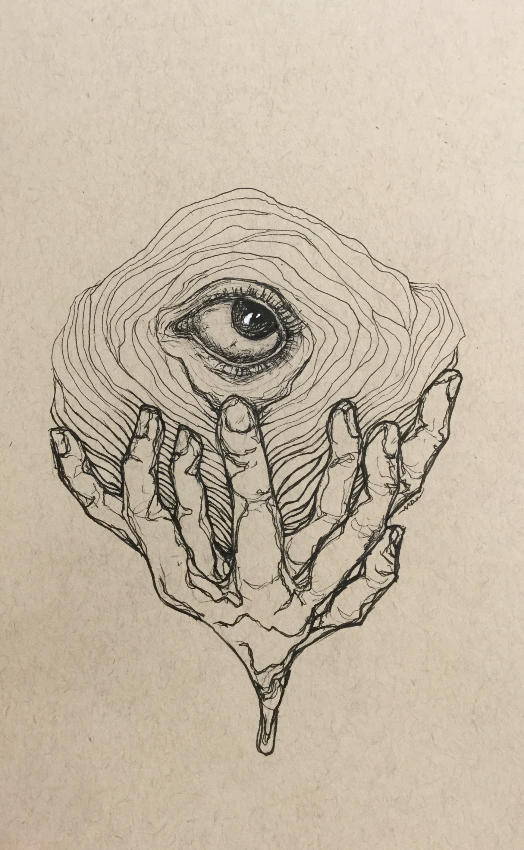 An ink illustration of an eye with fingers reaching up around it, one pulls the lower lid down.