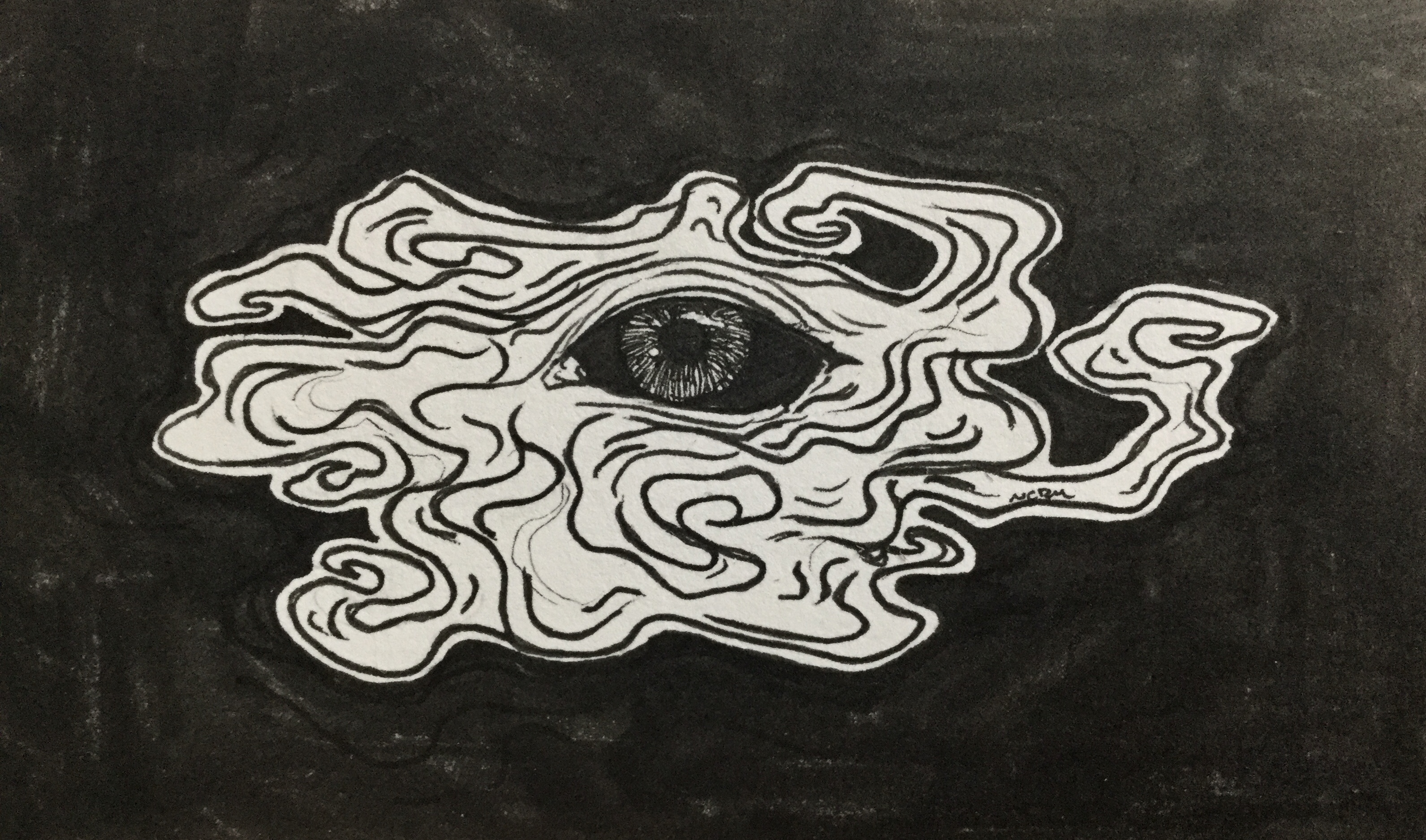 Ink illustration of an eye with a cloudlike shape surrounding it. The pupil and white of the eye are filed in black. The background is also black.