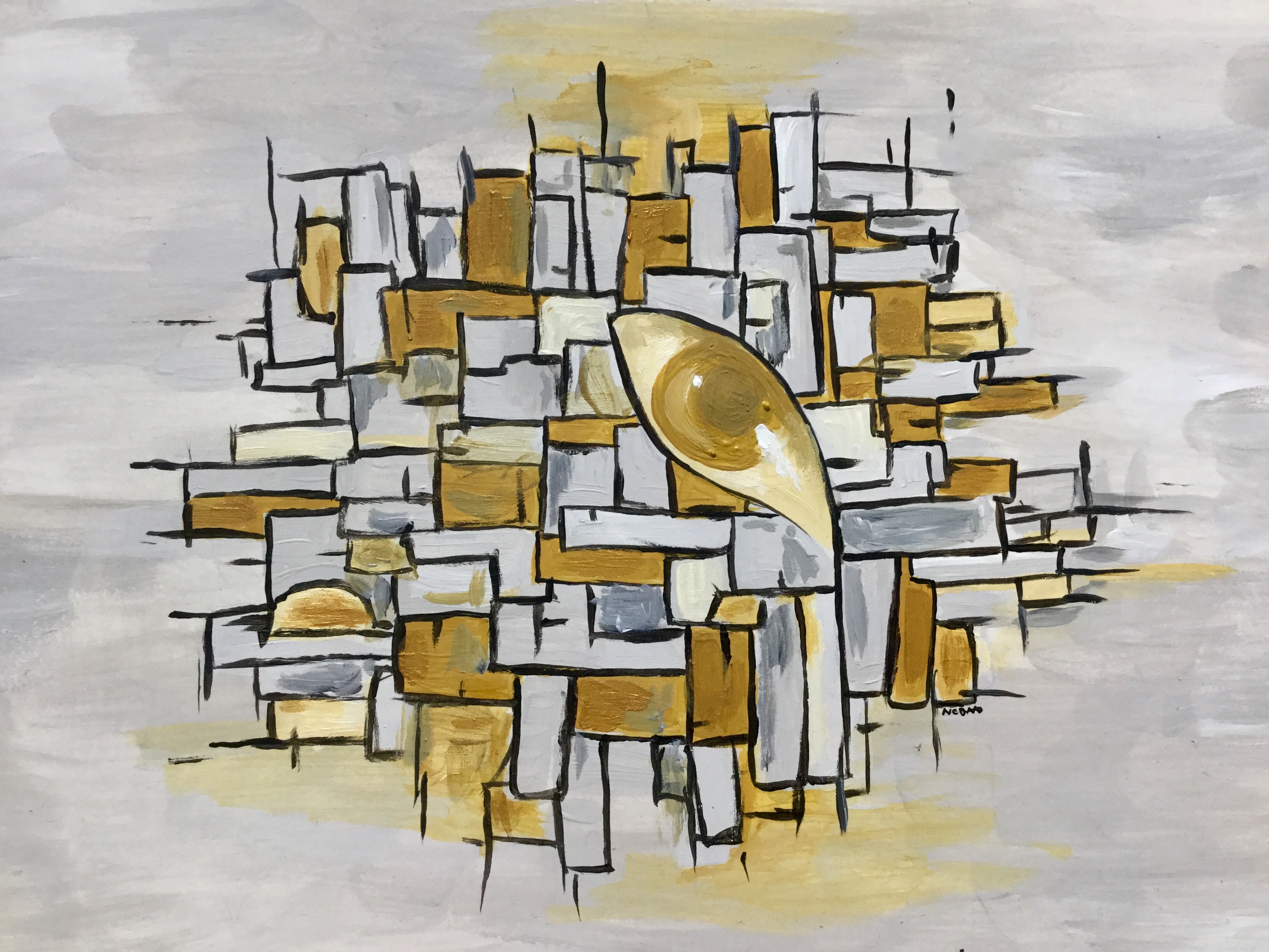 Abstract painting in greys and light browns with intersecting black lines, an eye is placed within it, painted in light brown.