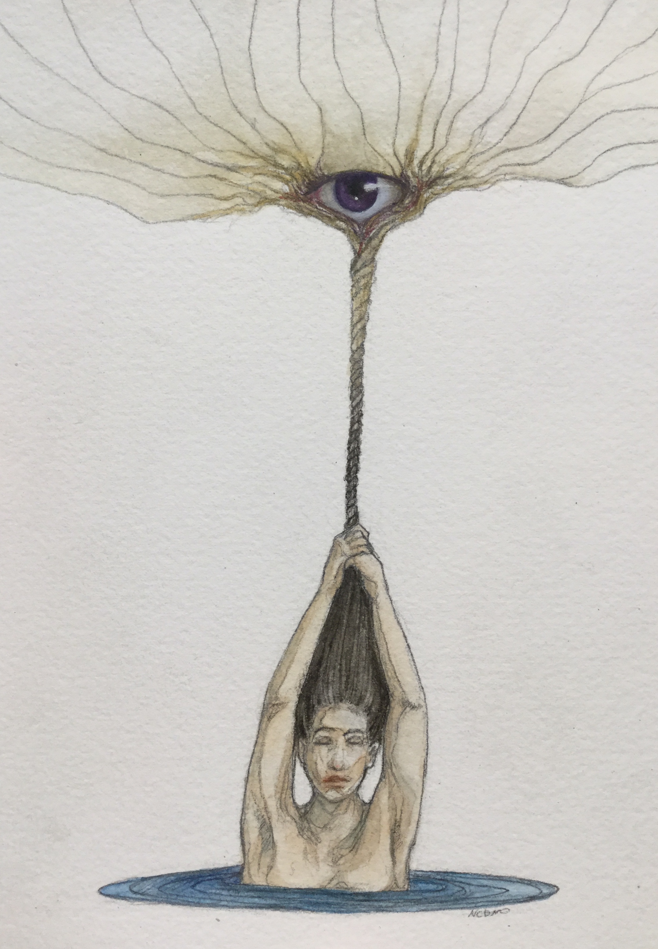 Graphite and watercolor illustration of a woman emerging from a puddle of water holding onto her hair with both hands as it twists up into a rope and spreads out at the top of the page, an eye with a purple iris is at the base of the hair spreading out.