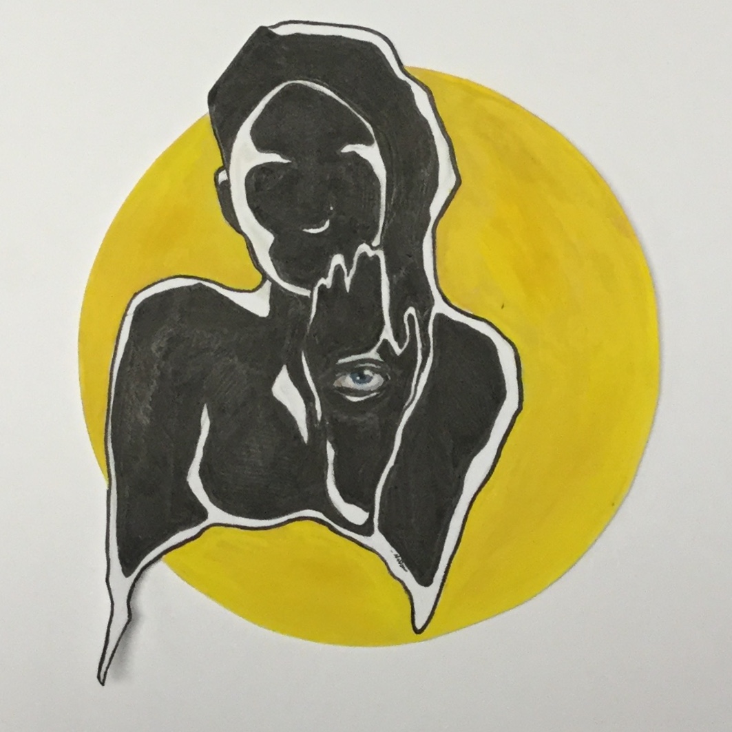Ink illustration of a woman's head and shoulders, all the planes of her body are filled in with black ink, she's holding her hand in front of her face and a tiny eye is painted there. A yellow circle is behind her.