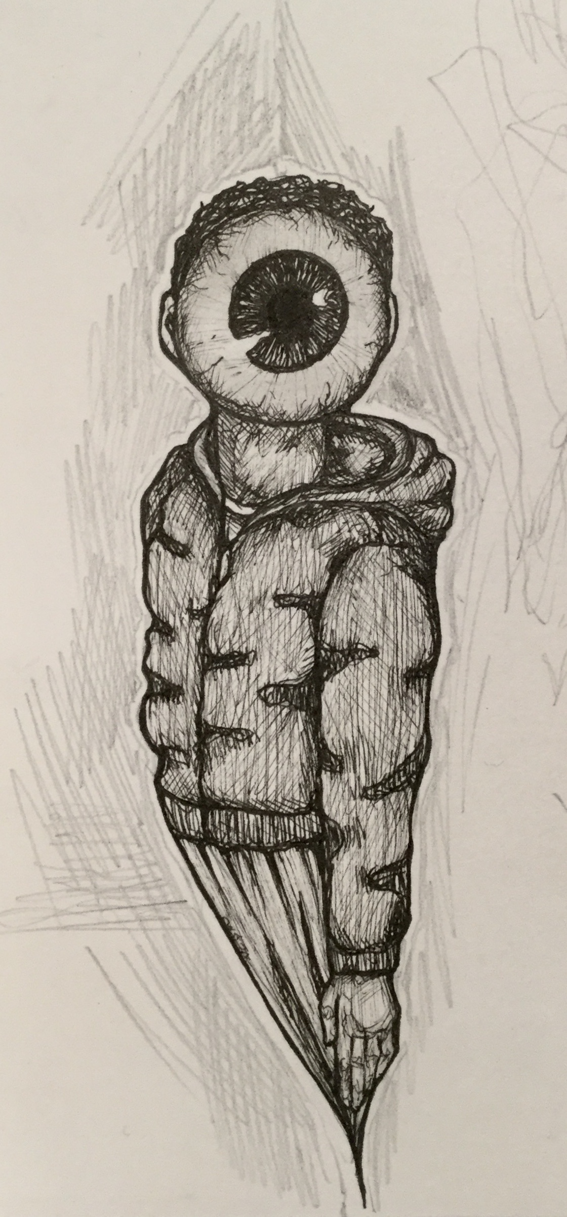 Ink illustration of a child in a puffy coat with an eyeball for a face.