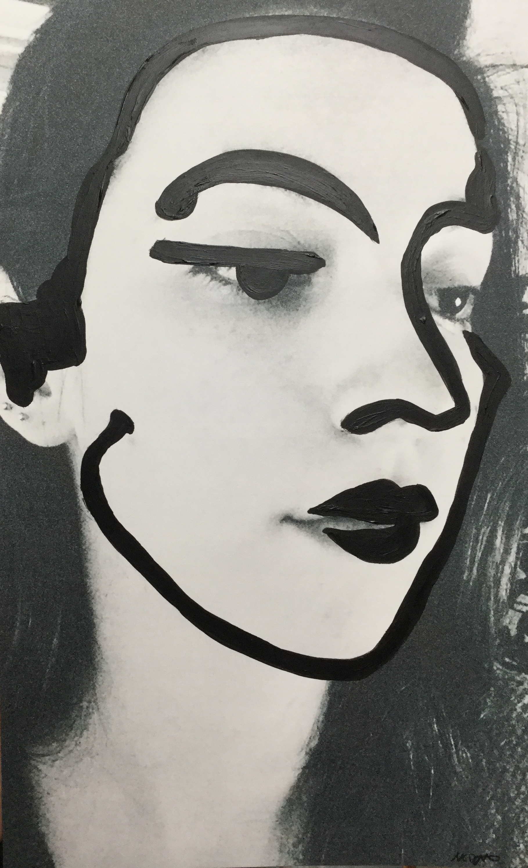 Photograph of the artist looking toward the right with the line's of Matisse's painting "Nadia" painted onto it, only one of the eyes is painted.