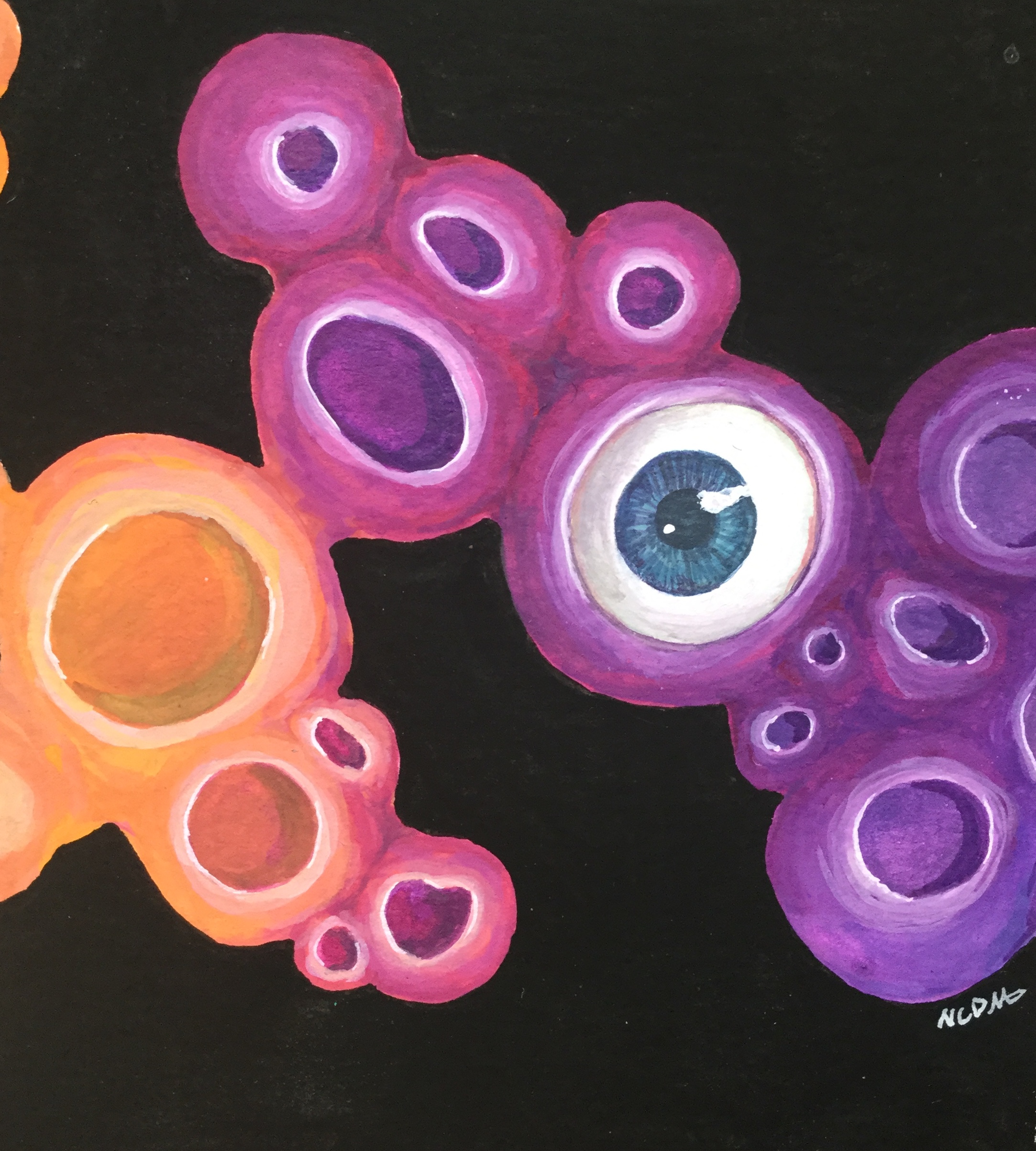 Painting of coral that turns from orange to purple with a black background. an eyeball is inside one of the pieces of coral.