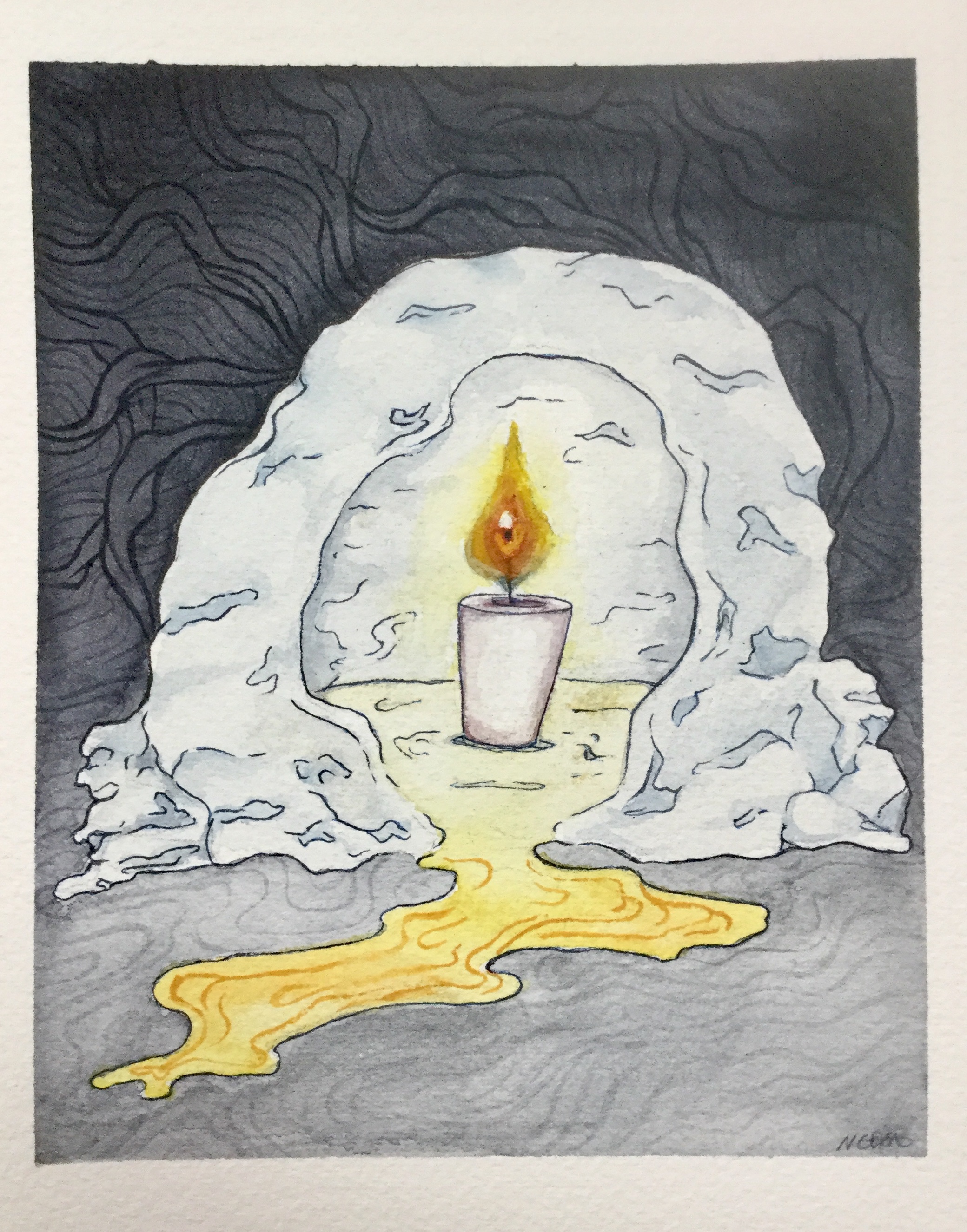 Illustration of a grotto of snow with a candle inside and an eye in the candle flame.