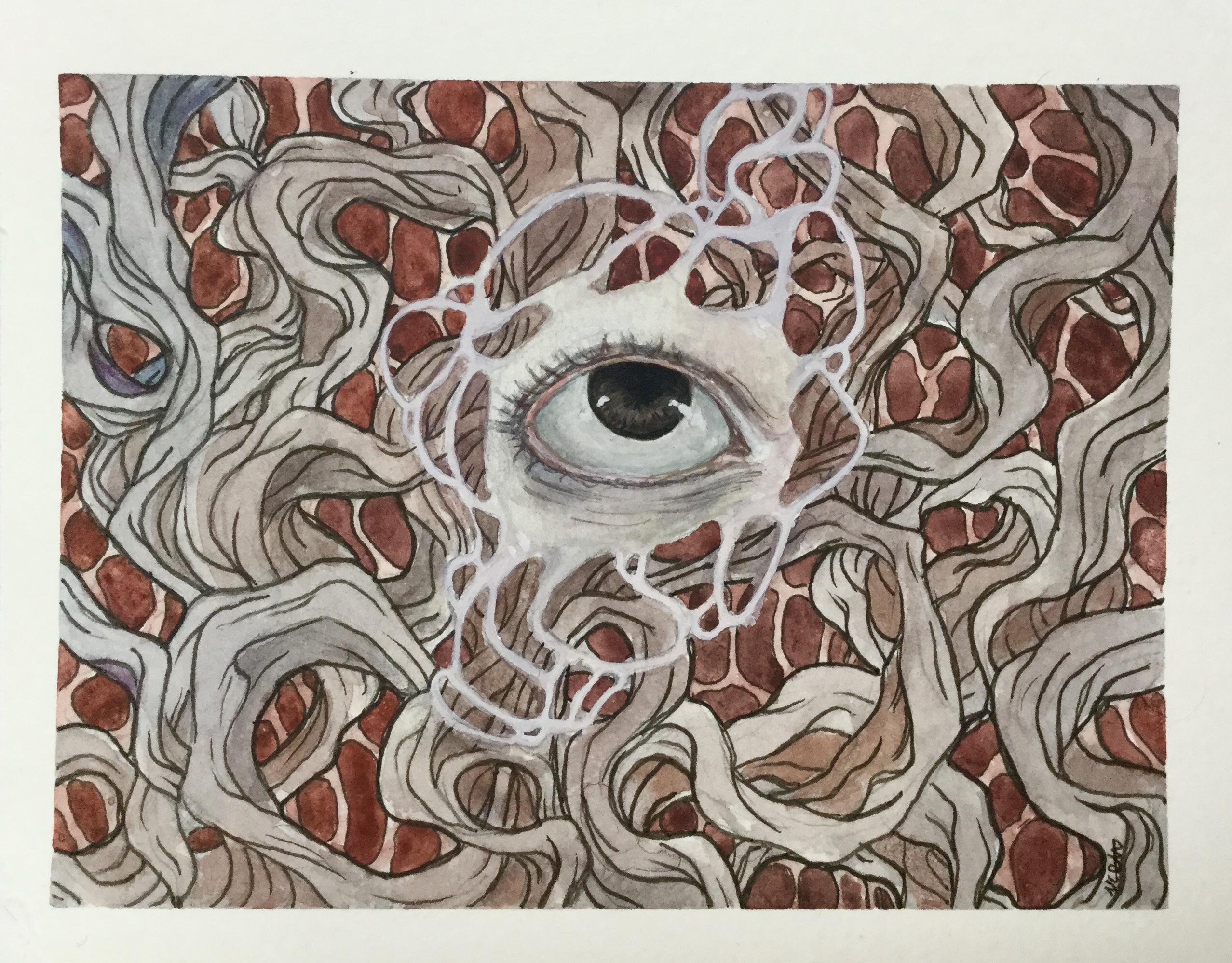 Ink and watercolor illustration of an eye looking up, the skin around it is fraying and mixing with a winding, slightly fleshy red and grey pattern behind it.