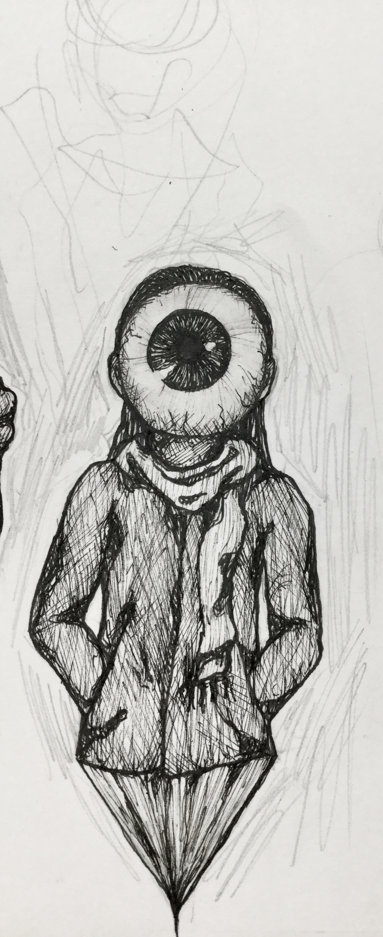 Ink illustration of a child in a coat with an eyeball for a head.