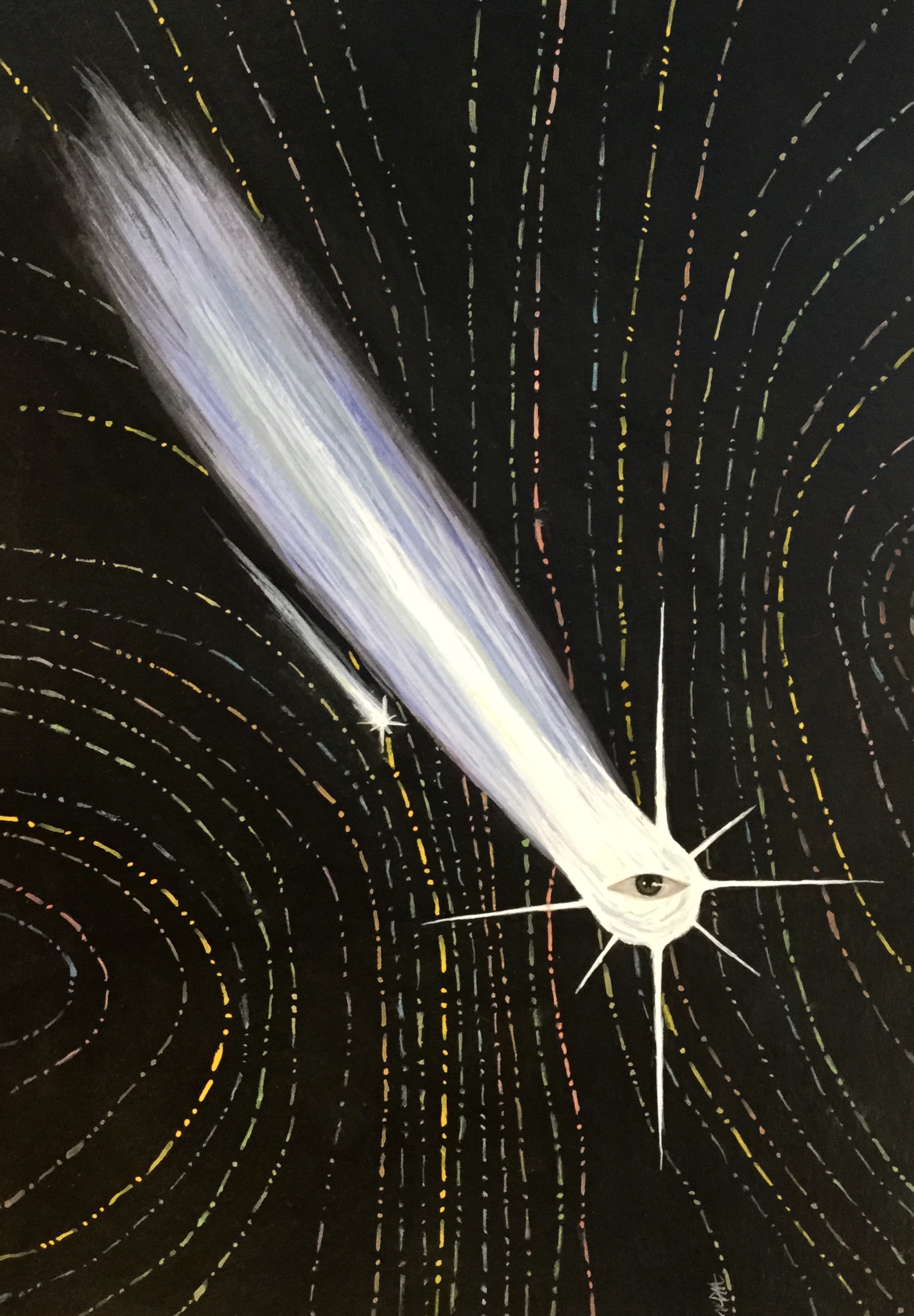 Gouache painting of a metior with an eye paintd at the center with a black background with tiny, colorful dashes filling the space