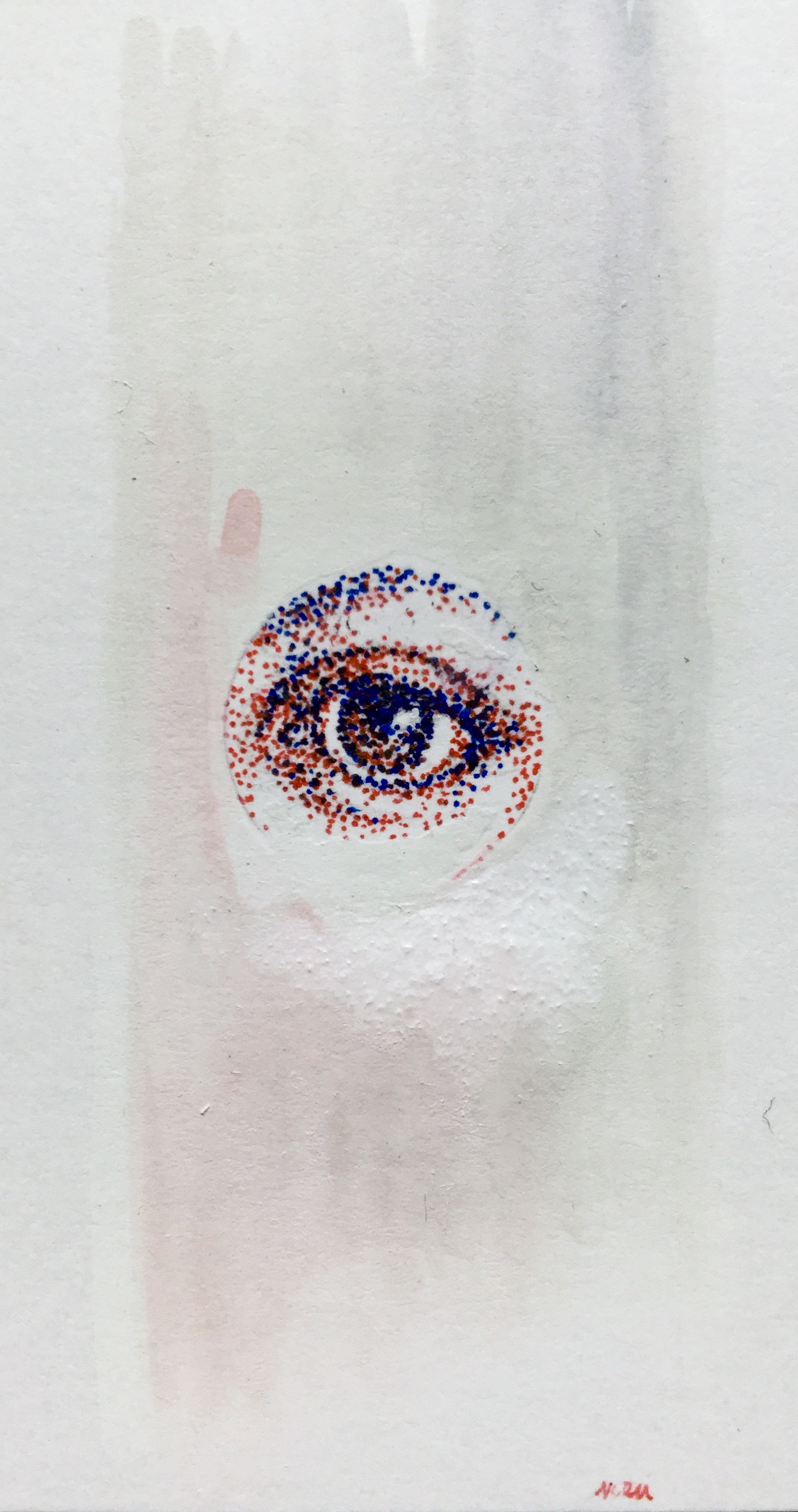 Pointillism drawing of an eye in a tiny circle