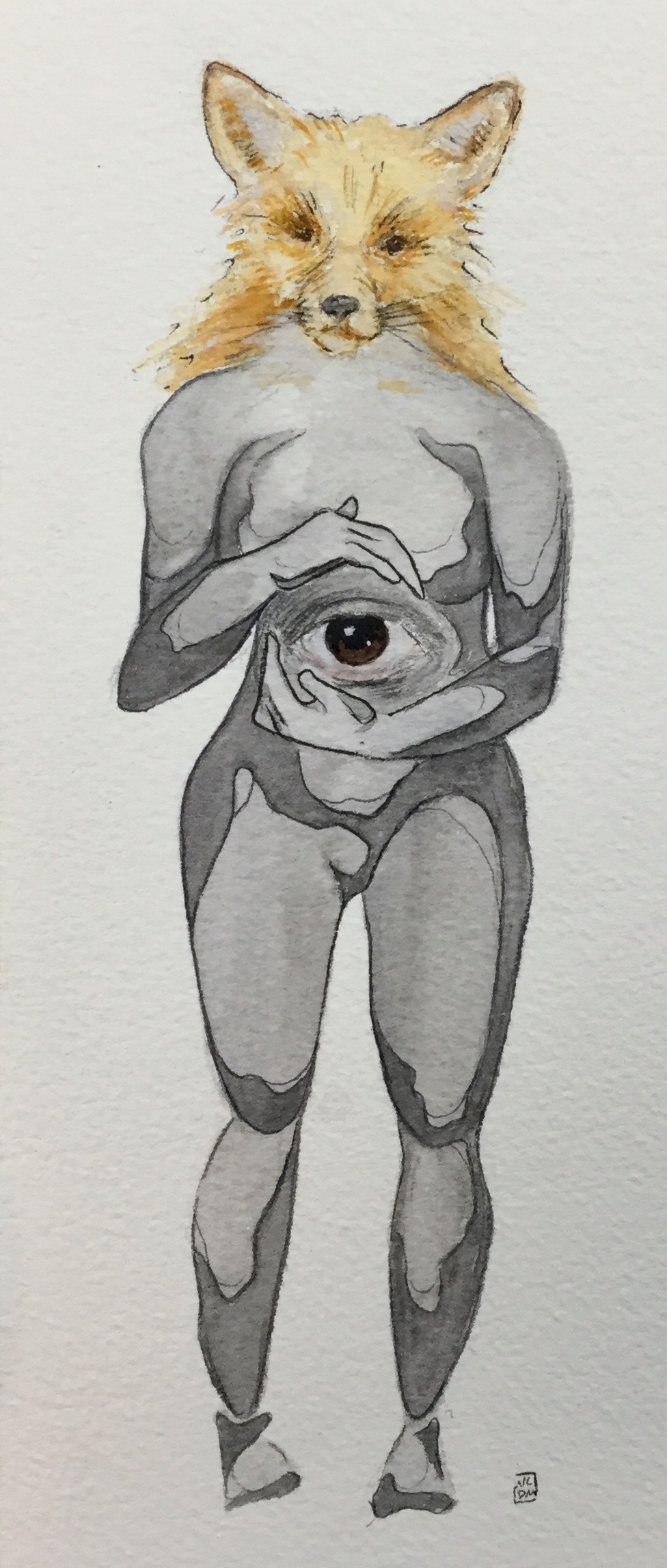 Watercolor painting of a humanoid body painted in grey with an orange realistic fox head, with hands hovering around their belly, there belly has a human eye in it.