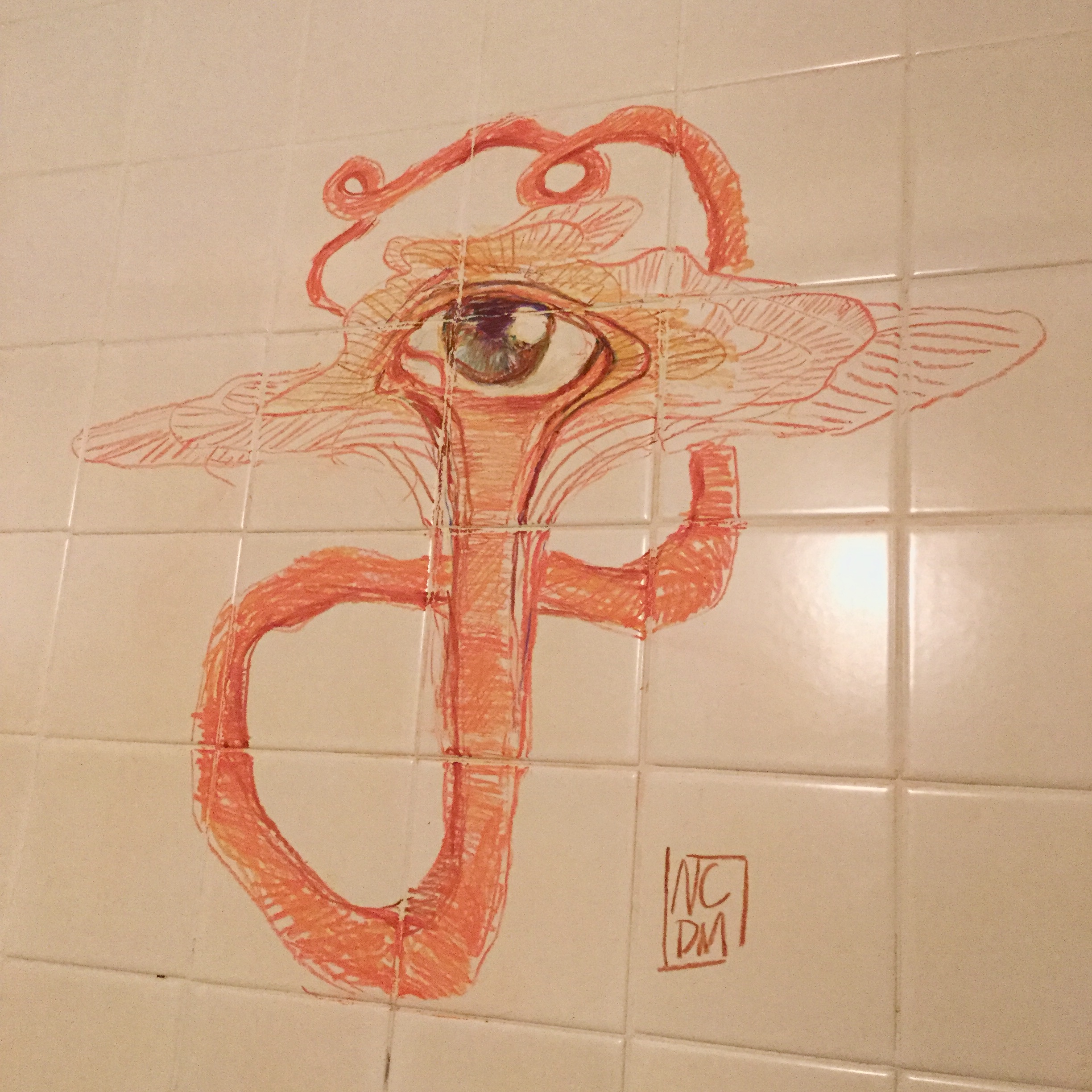An eye drawn on shower tiles stretching into a worm shape with wings around it