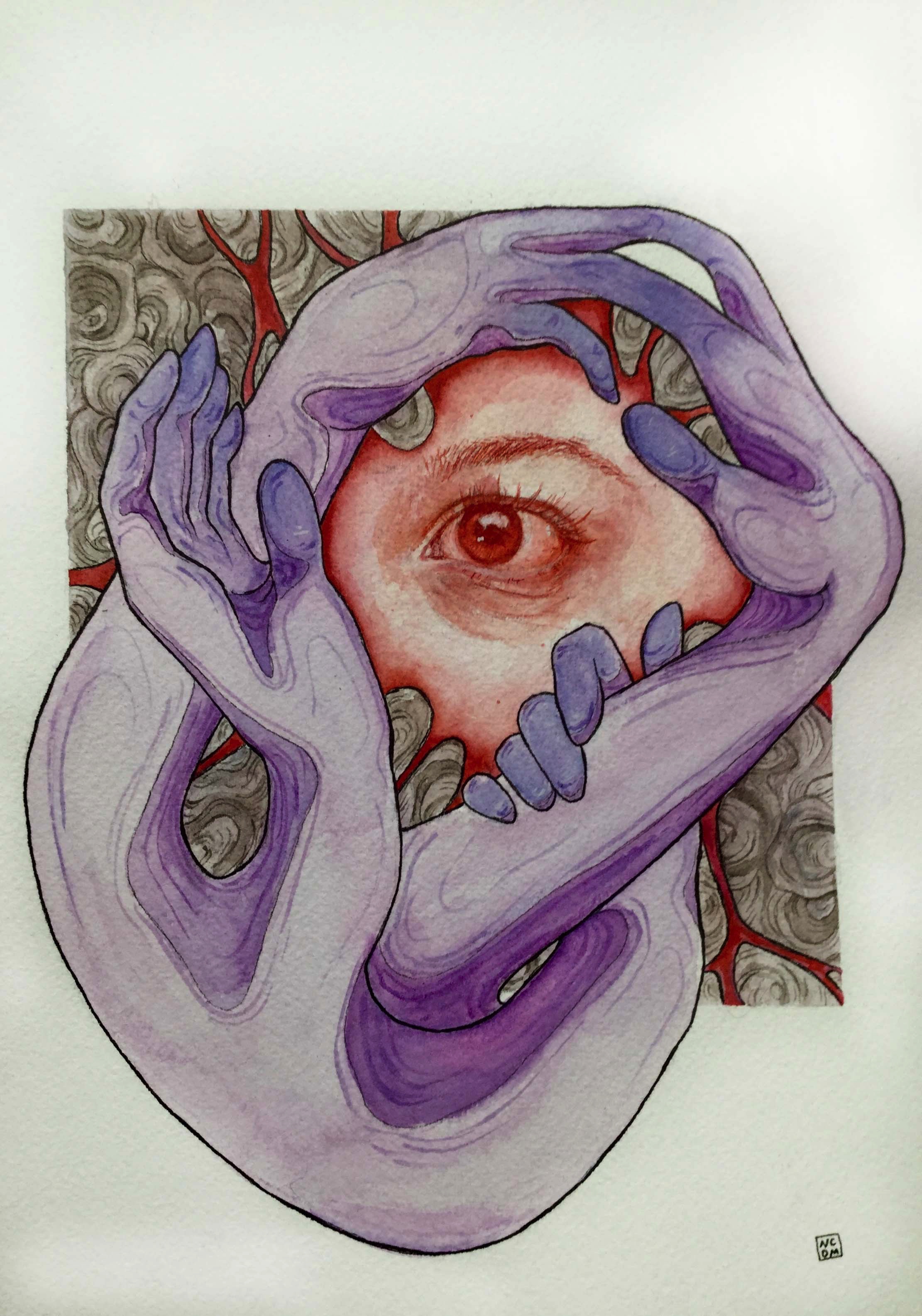 Watercolor painting in red of an eye looking to the left with 4 purple, surreal hands morphed together around it, the background is a square of grey and red organic shapes