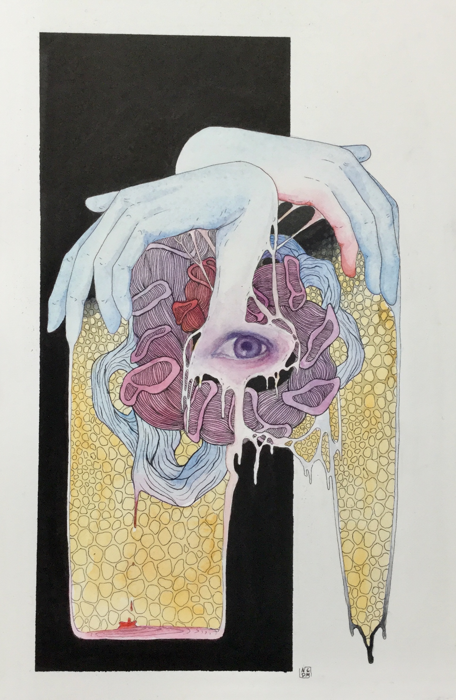 Watercolor and ink illustration of an eye painted in purple with who hands painted in blue, one has a red pinky, resting above it with mushroom shapes around it, bleeding into a puddle beneath, with a honeycomb influenced pattern behind it with half of the painting filled in with black in the background
