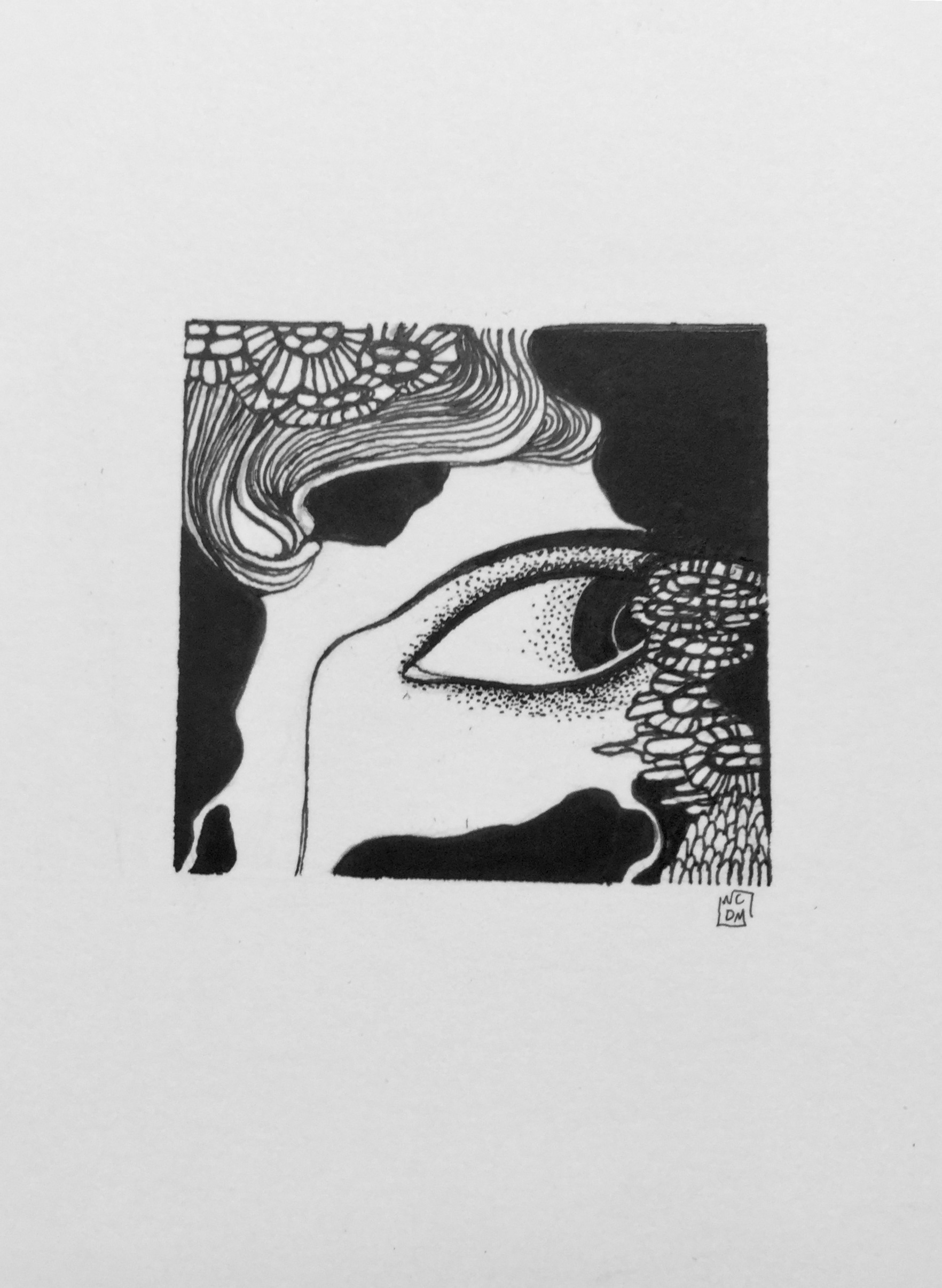 Ink illustration of an eye looking to the left with black hair and circular pattern inside a square