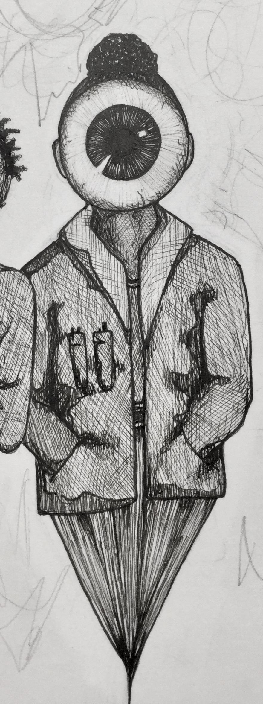 Child in a coat with their hands in their pockets, with an eyeball for a head