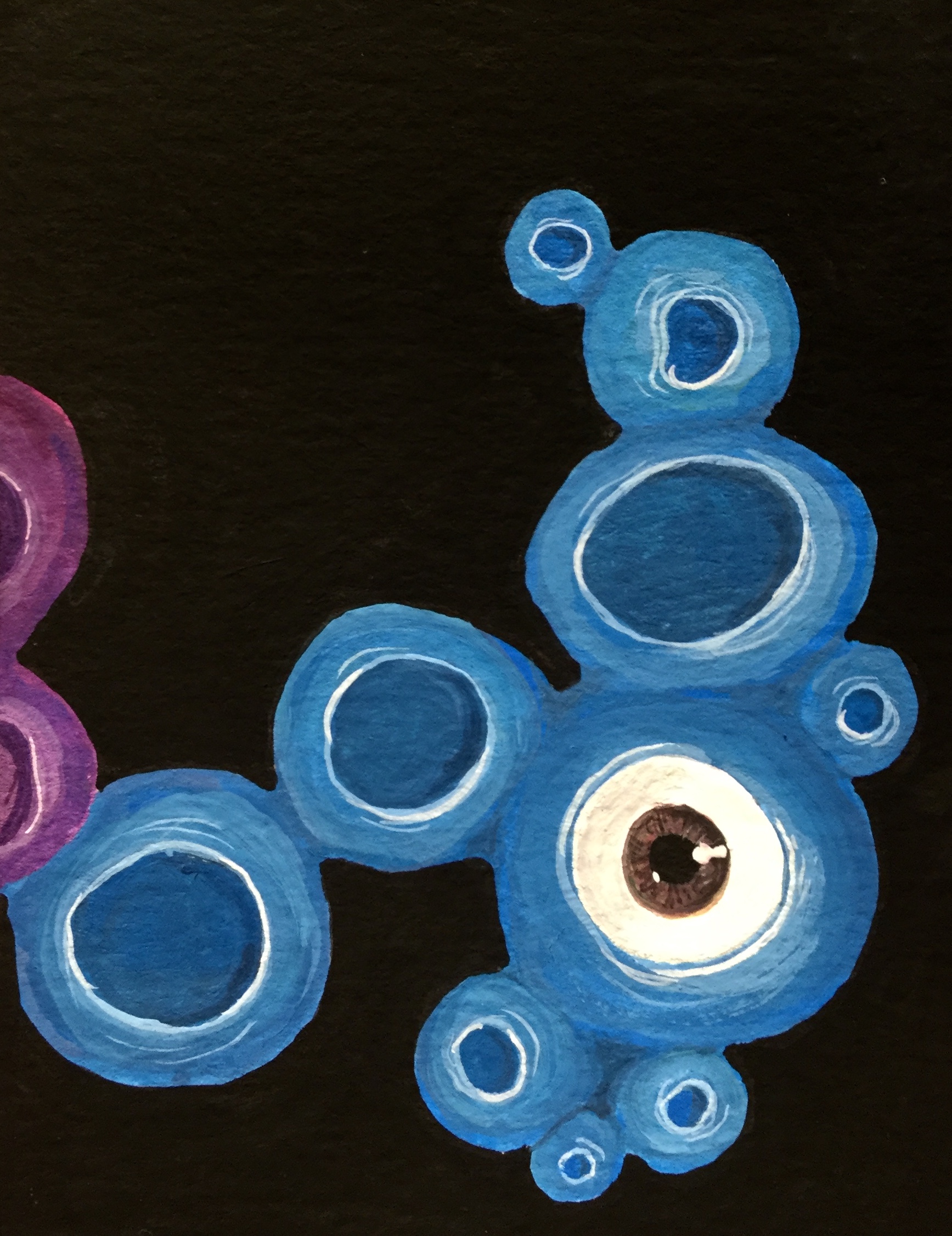 Blue painting of coral with an eye inside one part. Black background.