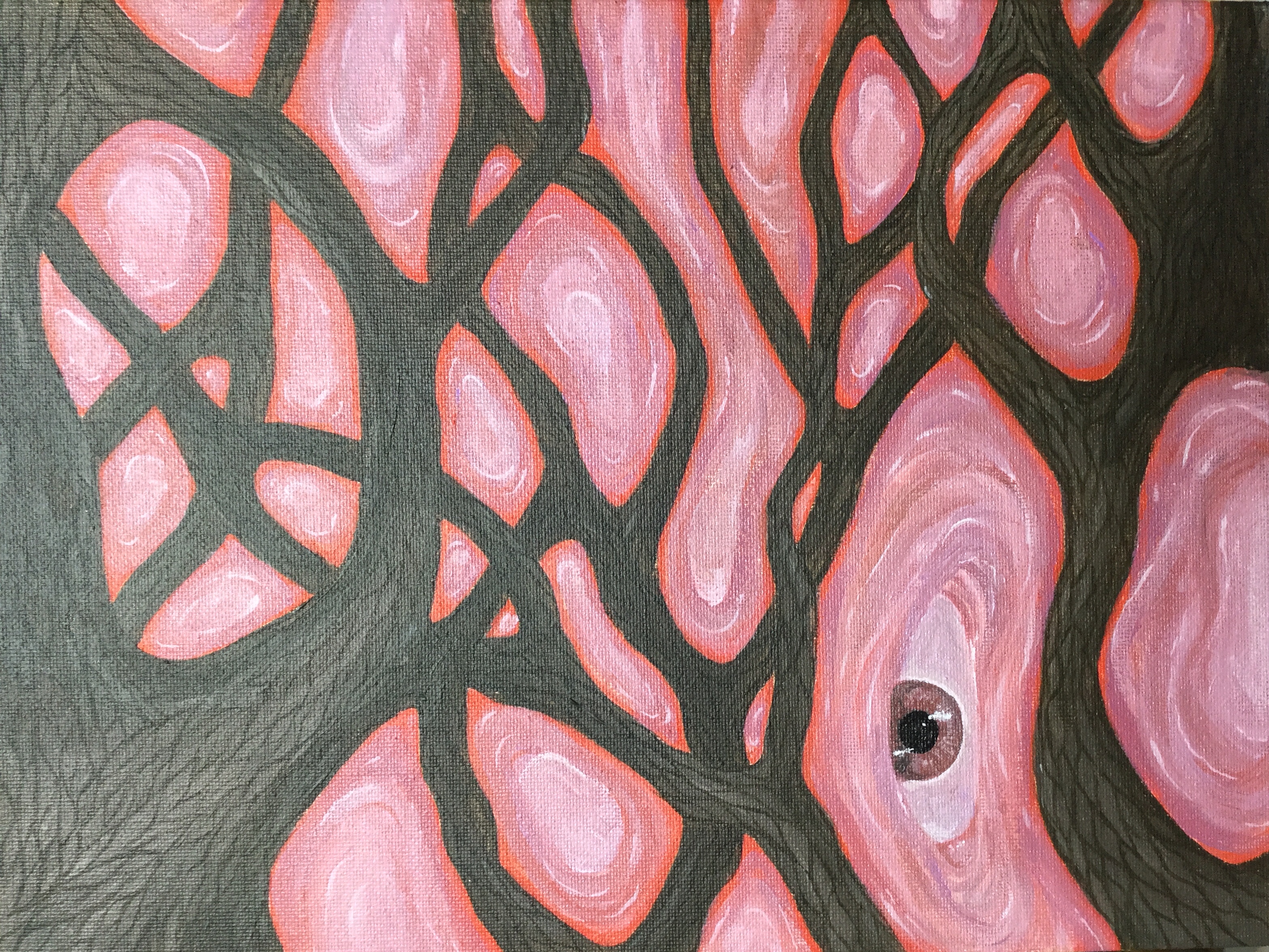 Painting of tree branches with fleshy pink background with an eye in that background