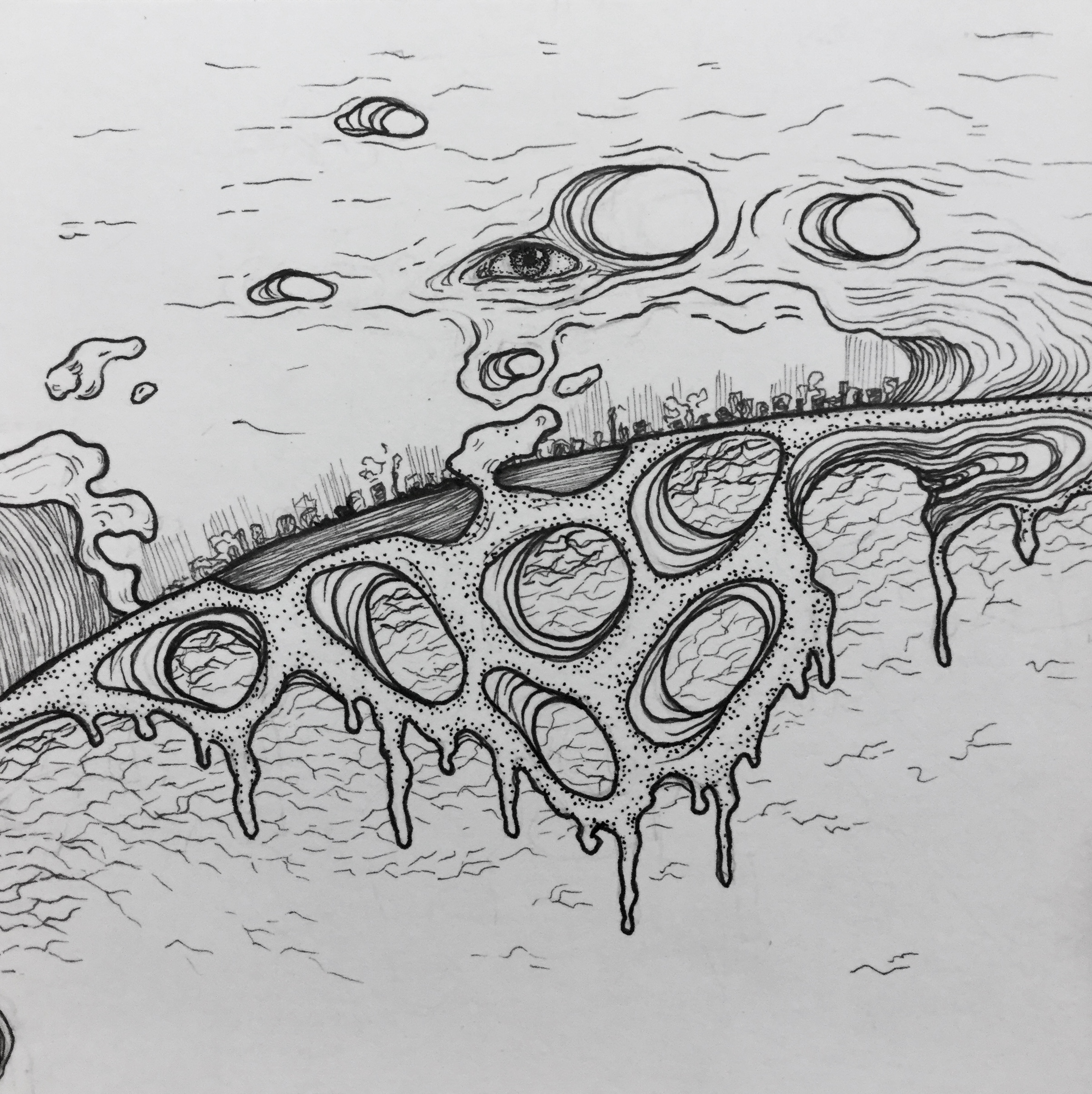 Ink illustration of a surreal landscape on a curved line with an eye in the sky