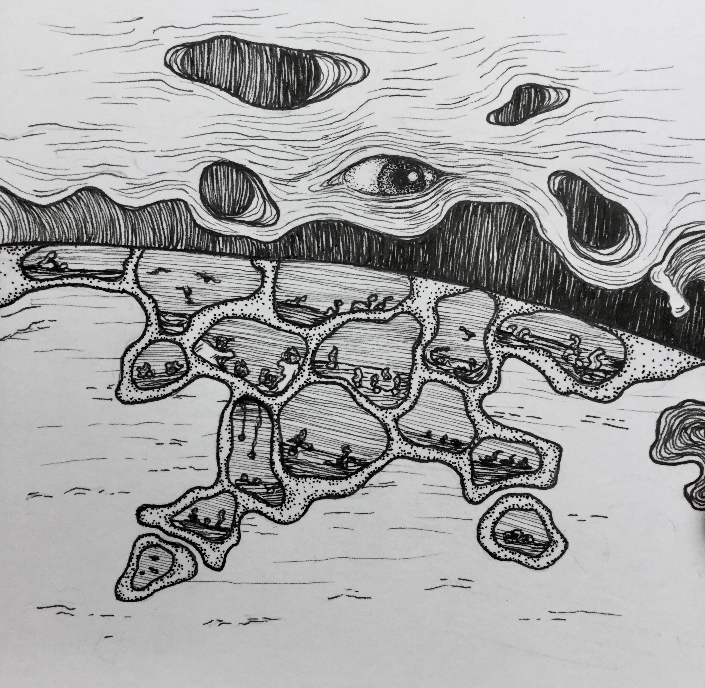 Ink illustration of a surreal landscape on a curved line with an eye in the sky