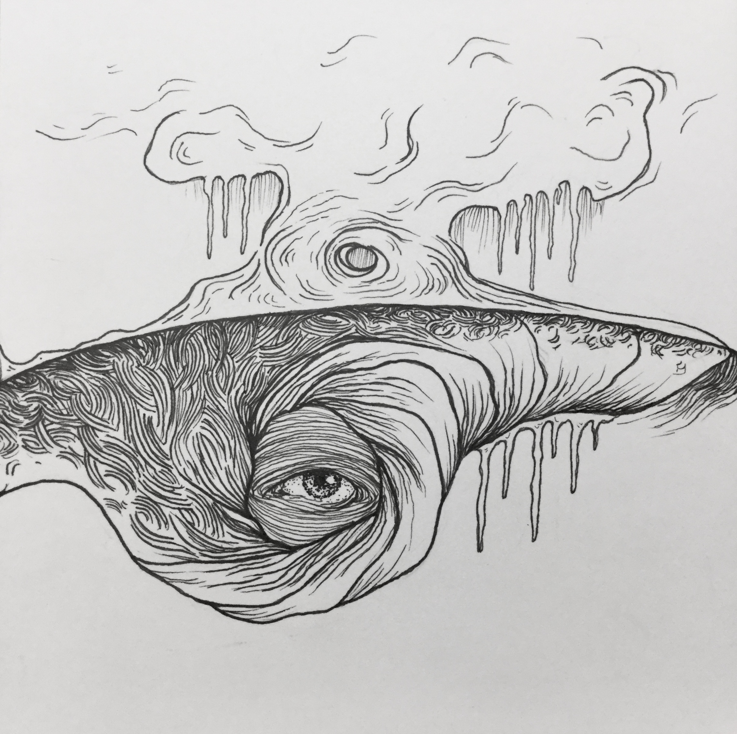 Ink illustration of a surreal landscape with an eye in it